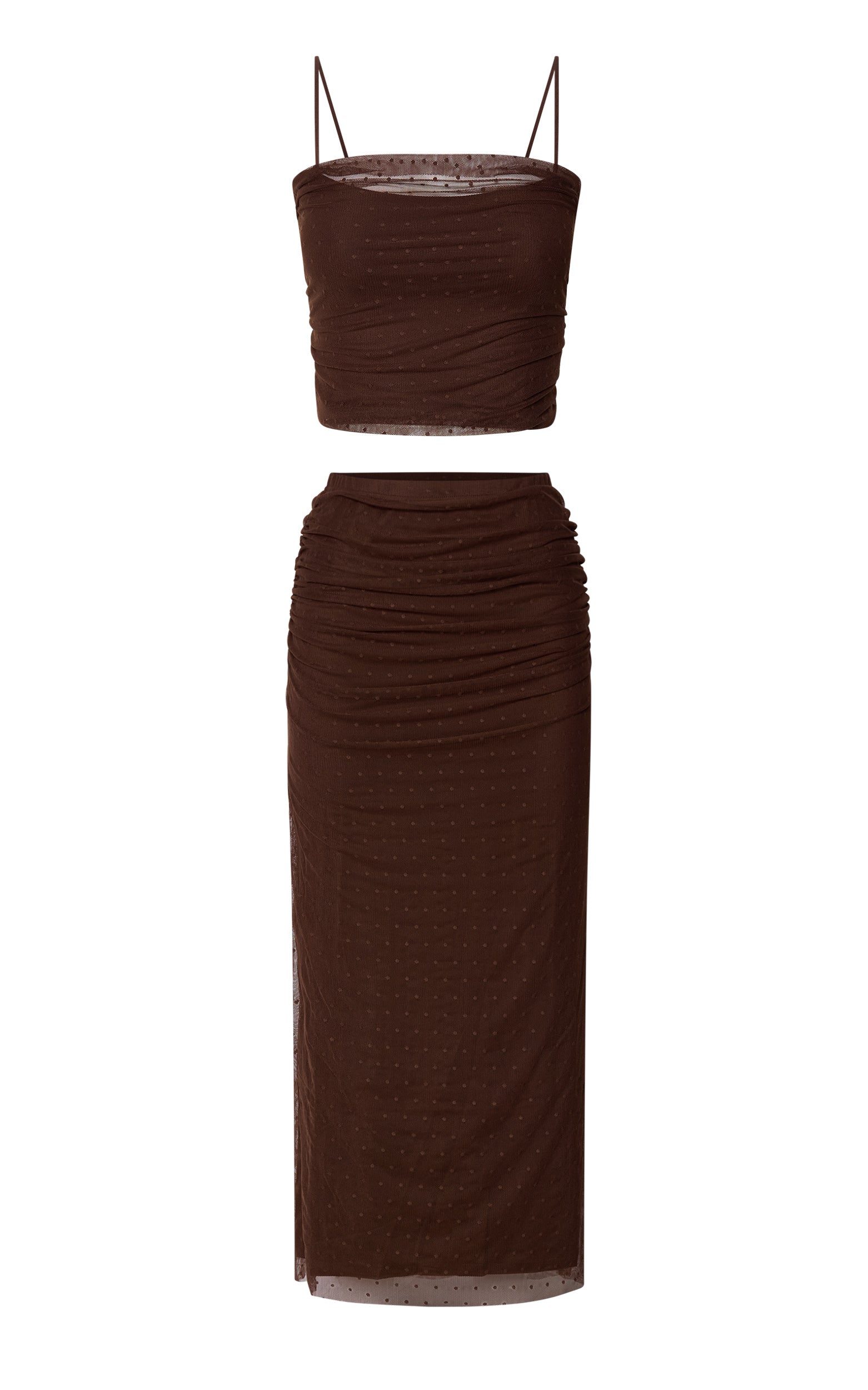 Layla Two Piece Set - Ruched Crop Top and Midi Skirt Mesh Set in Chocolate Brown
