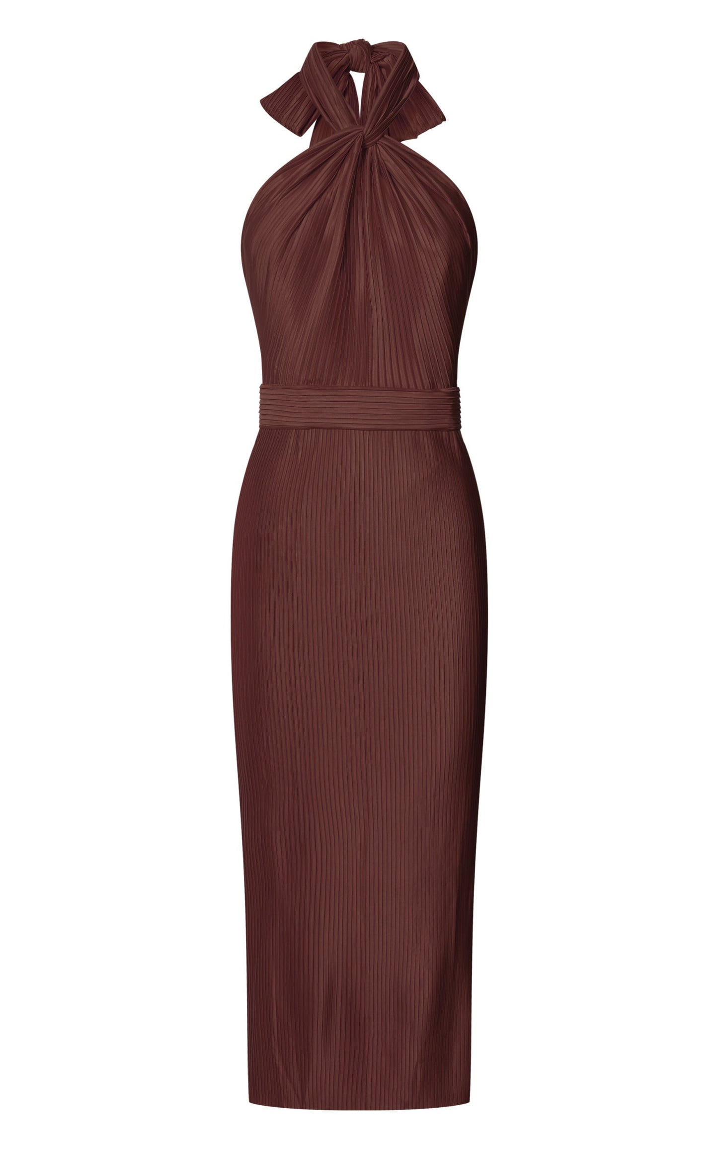 Marlette Midi Dress - Pleated Open Back Halter Dress in Chocolate