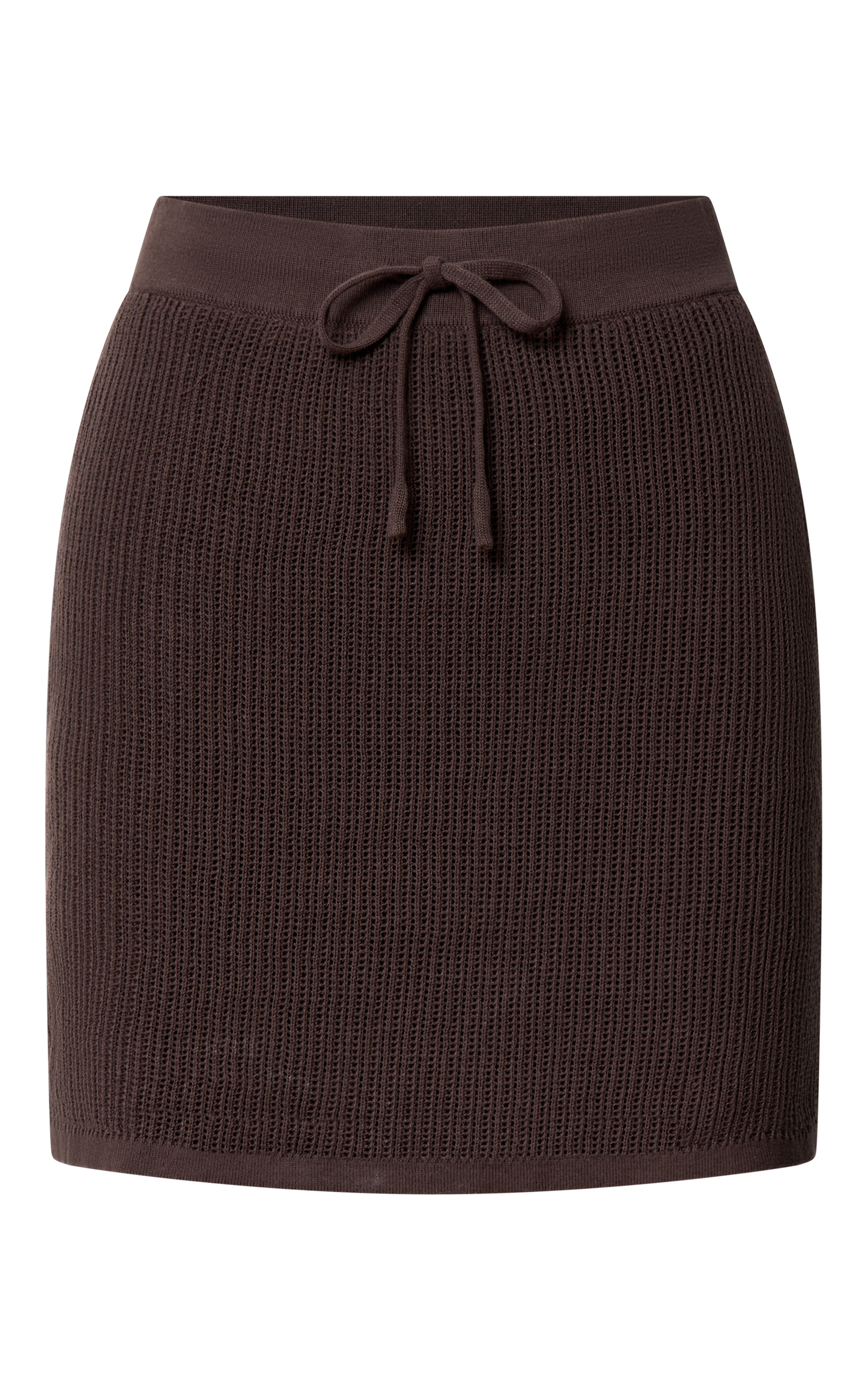 Tristan Mini Skirt - Crochet Knit Drawstring Skirt in Chocolate