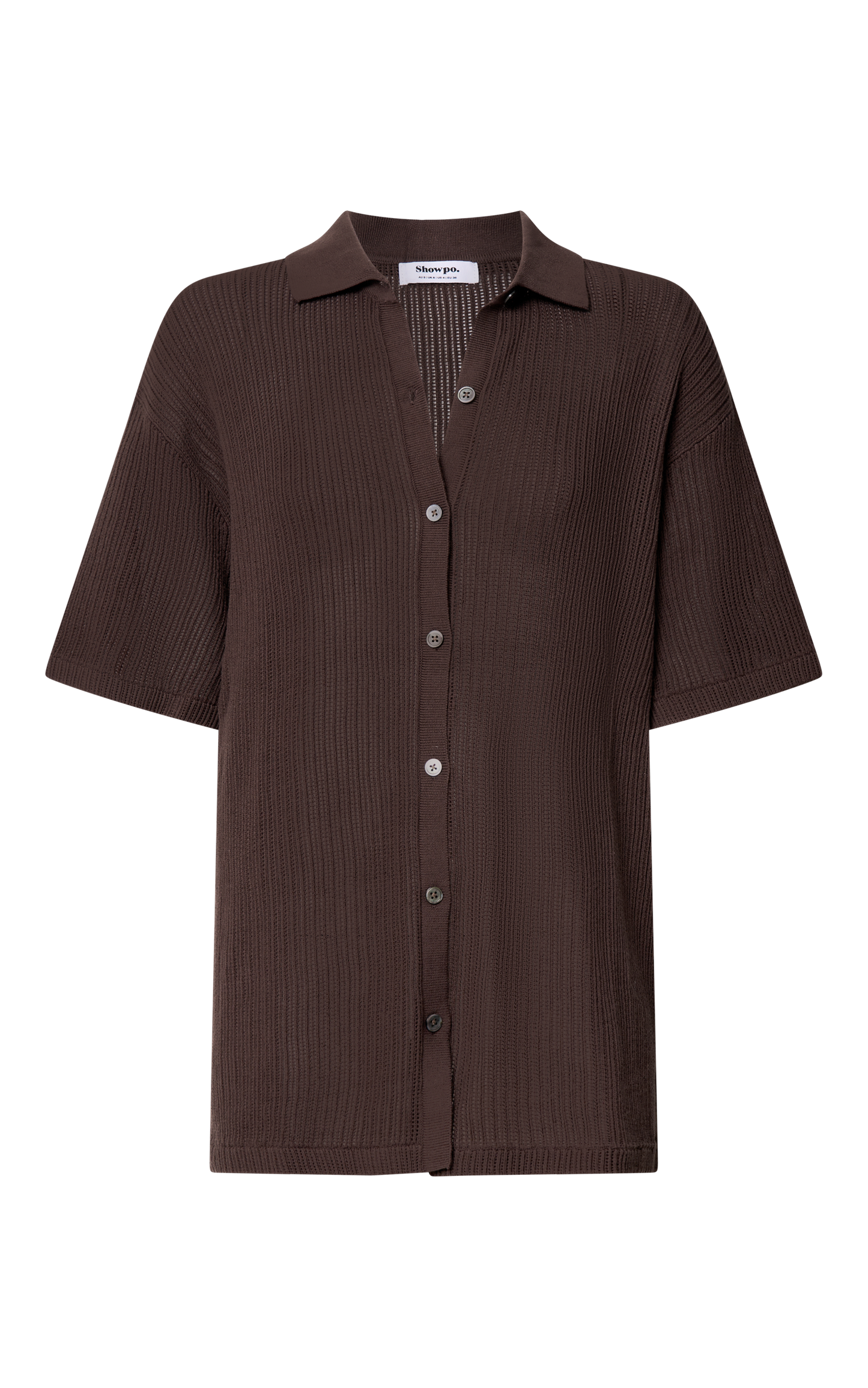 Tristan Top - Crochet Knit Button Through Collared Shirt in Chocolate
