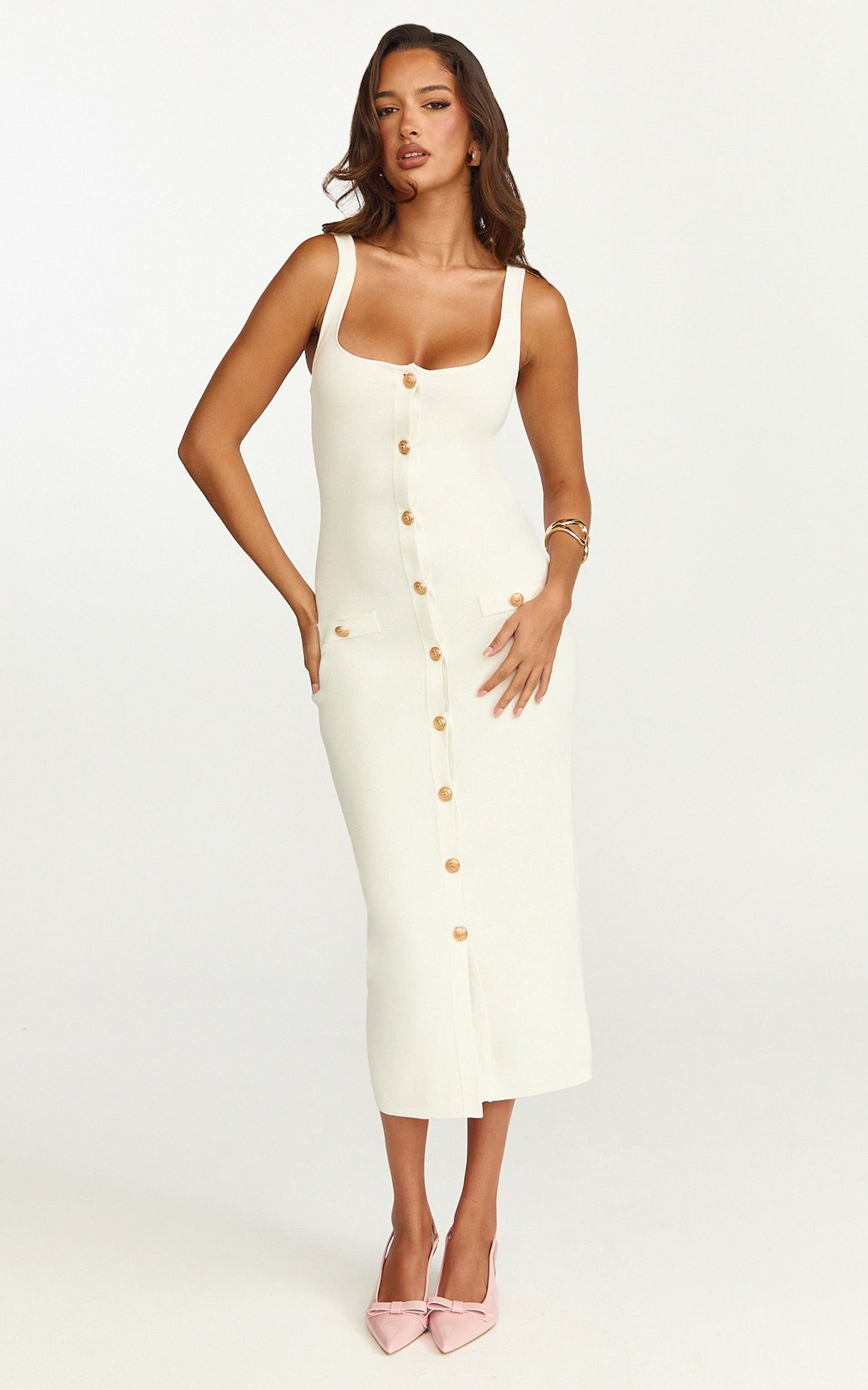 Gabby Midi Dress - Sweetheart Strapped Hardware Button Front Fitted Contrast Trim Knit Dress in Plain White