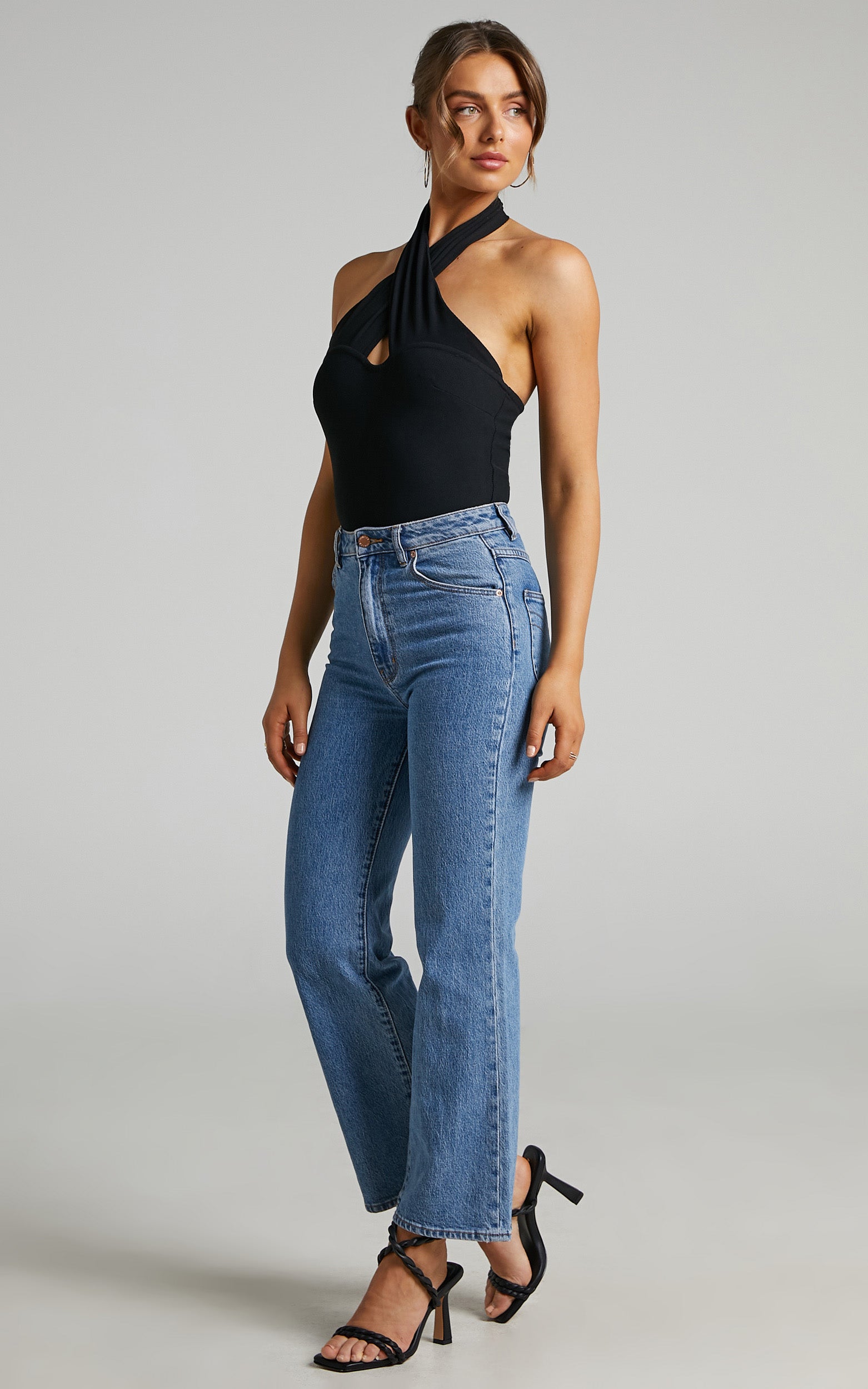 Gaia Bodysuit - Cross Halter Neck Bodysuit in Black