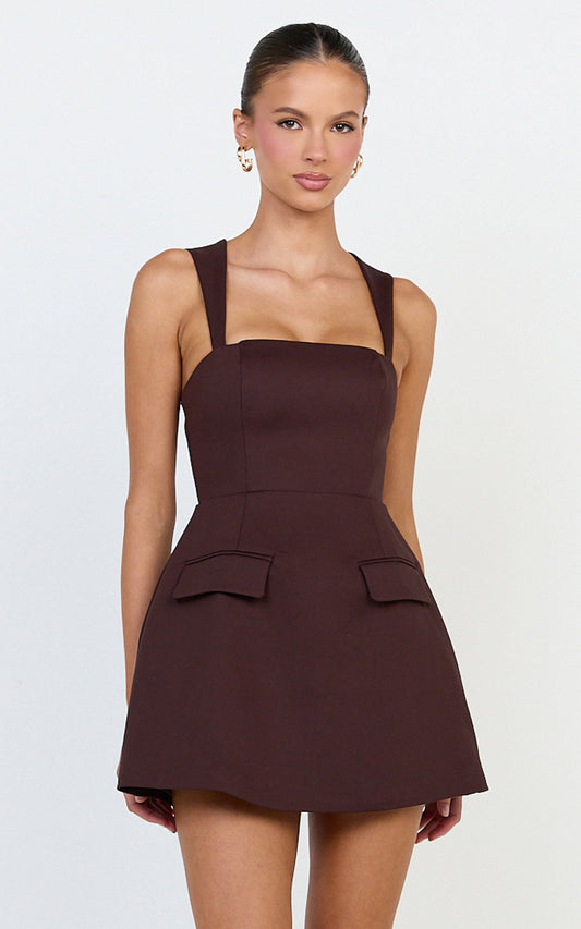 Garrett Mini Dress - Square Neck Fit And Flare Dress in Dark Chocolate