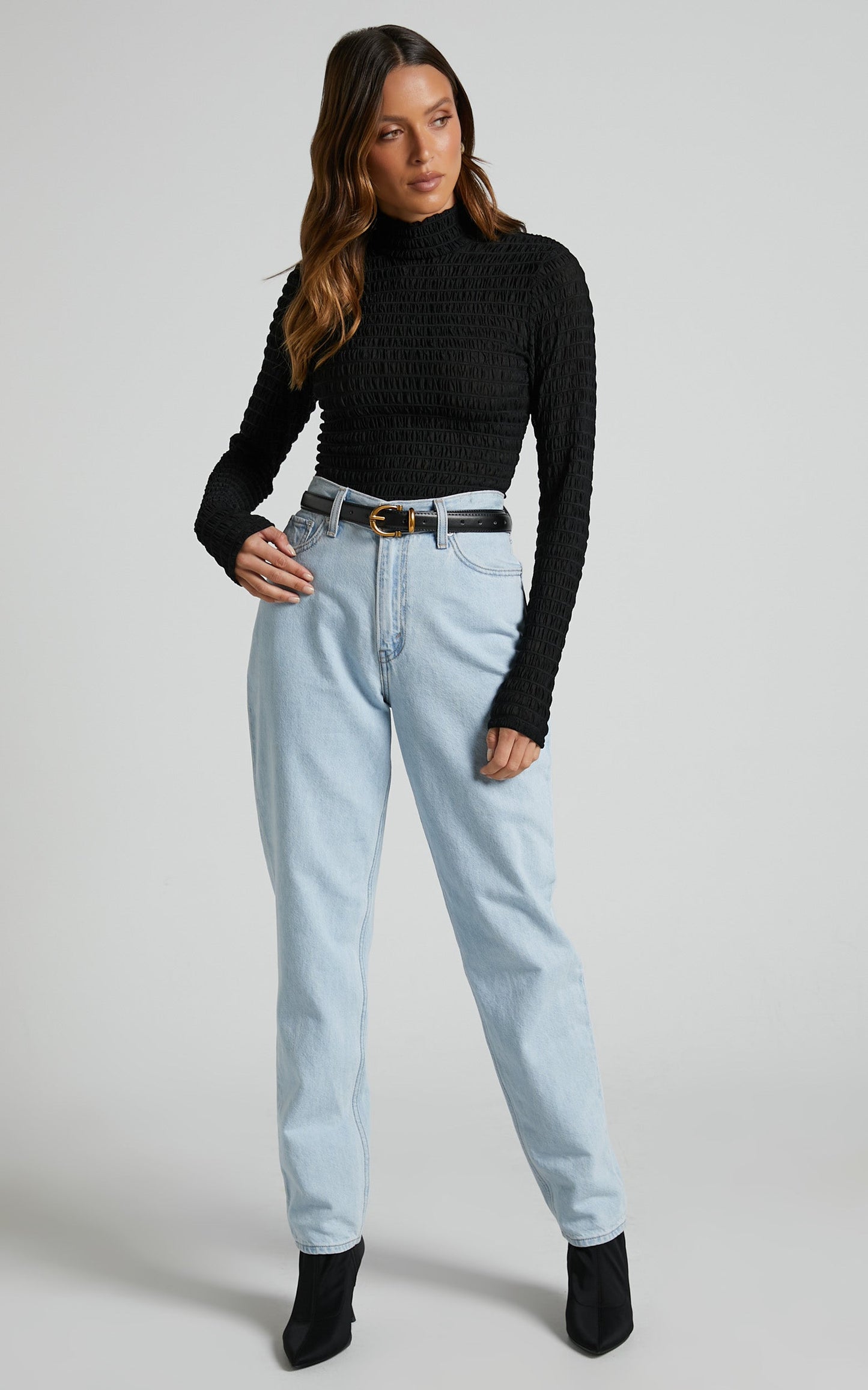 Kamila Top - High Neck Long Sleeve Top in Black