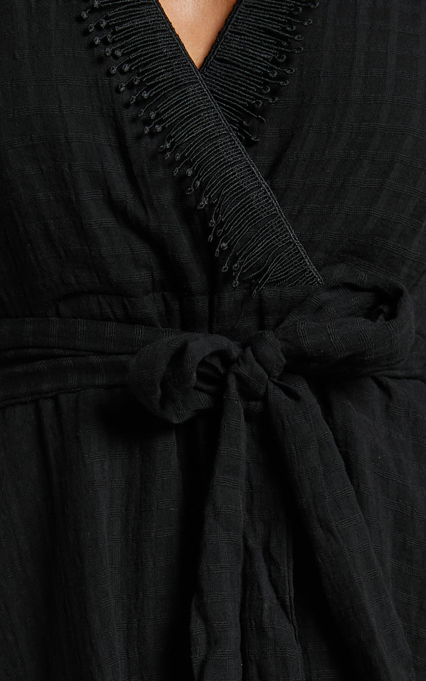 Gawain Mini Dress - Puff Sleeve Textured Frill Detail Dress in Black