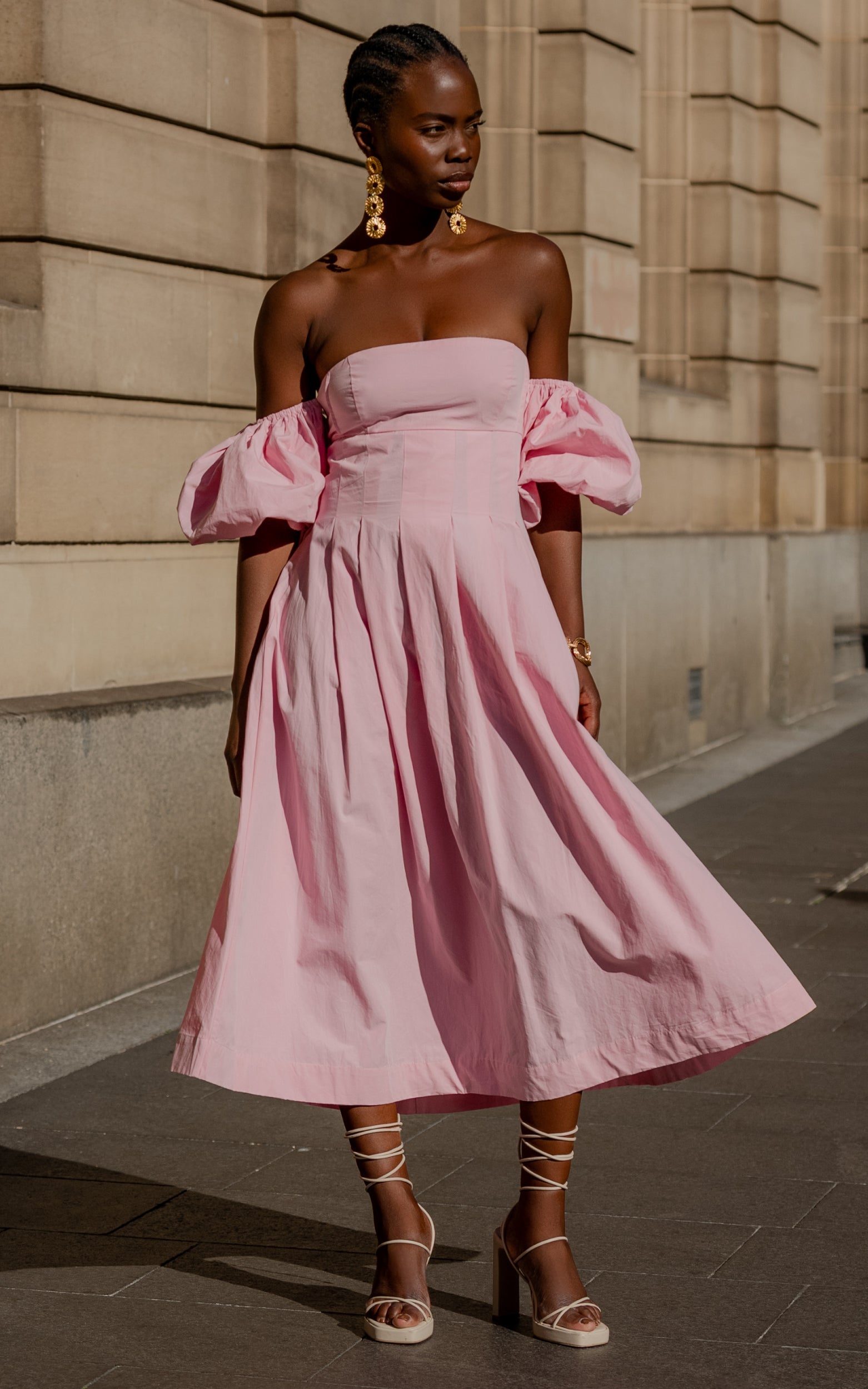 Geloe Midi Dress - Structured Off Shoulder Puff Dress in Pink