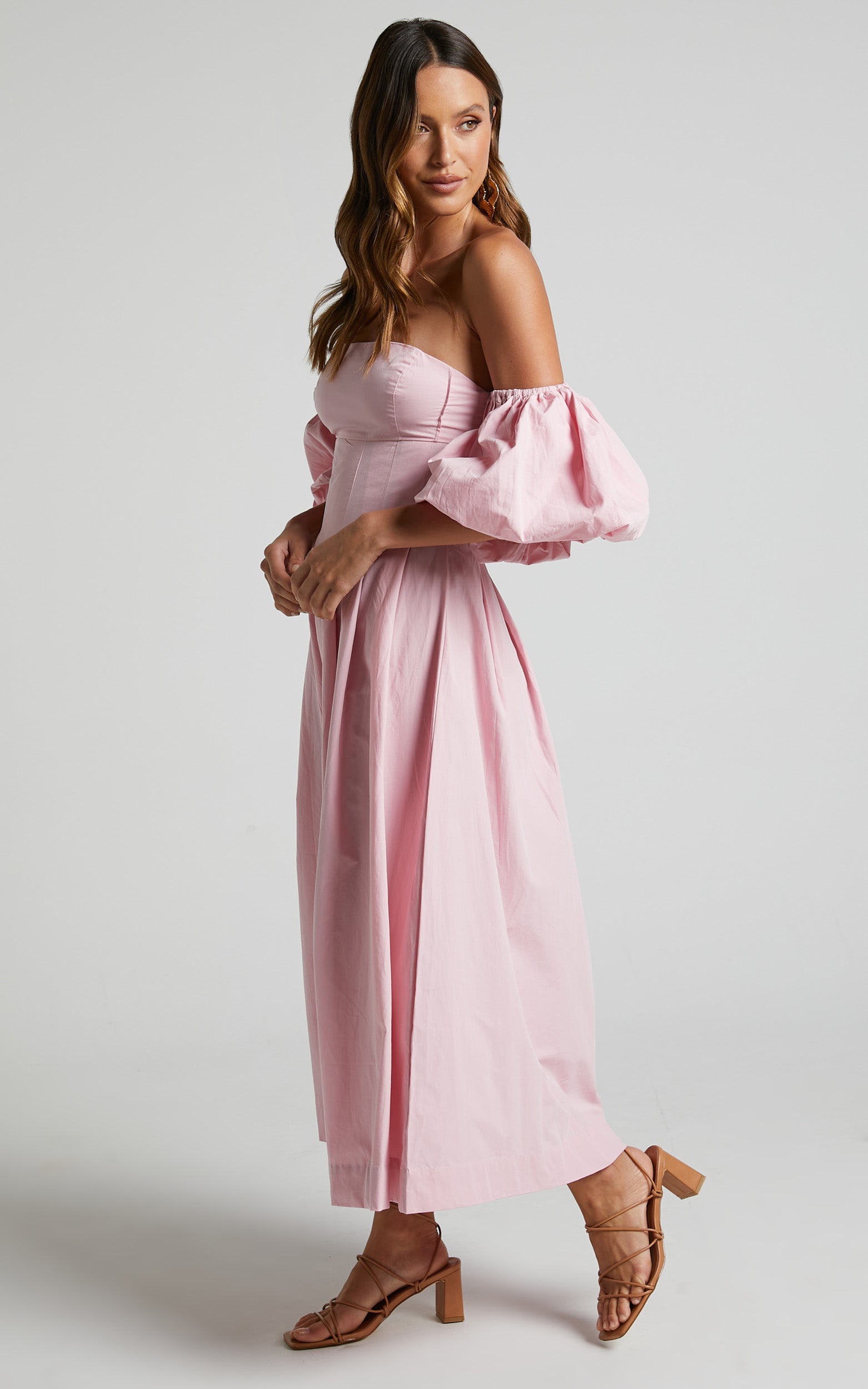 Geloe Midi Dress - Structured Off Shoulder Puff Dress in Pink