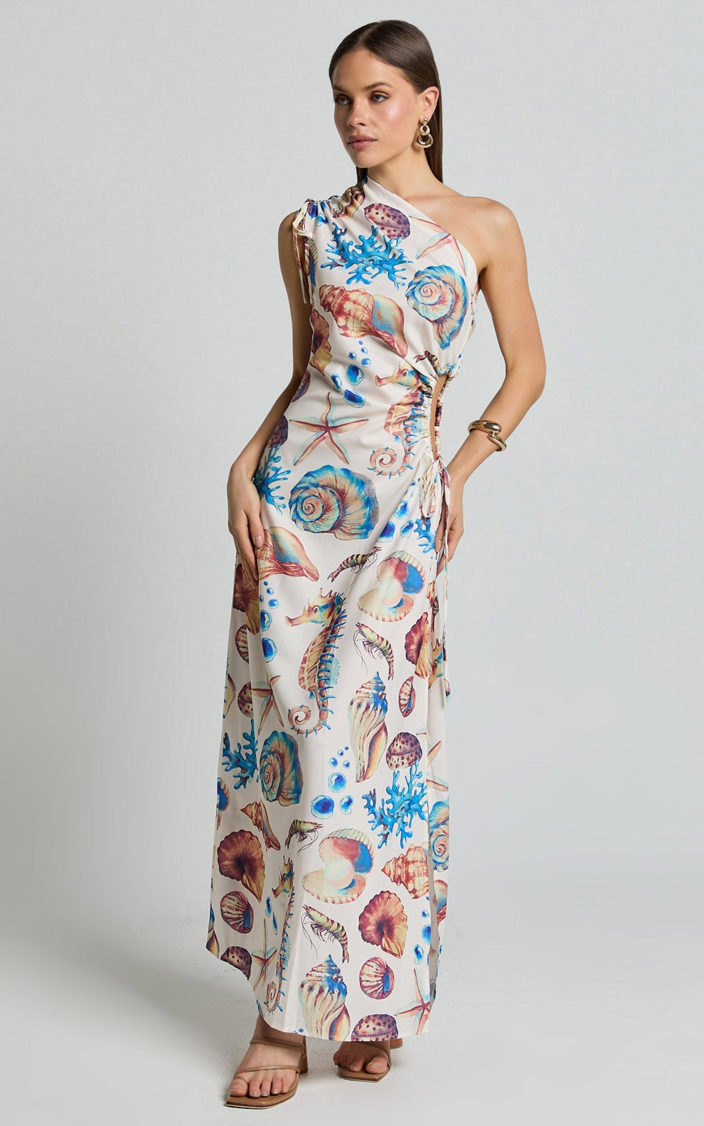 Gemma Midi Dress - One Shoulder Side Cut Out Side Slit Dress in Holiday Print