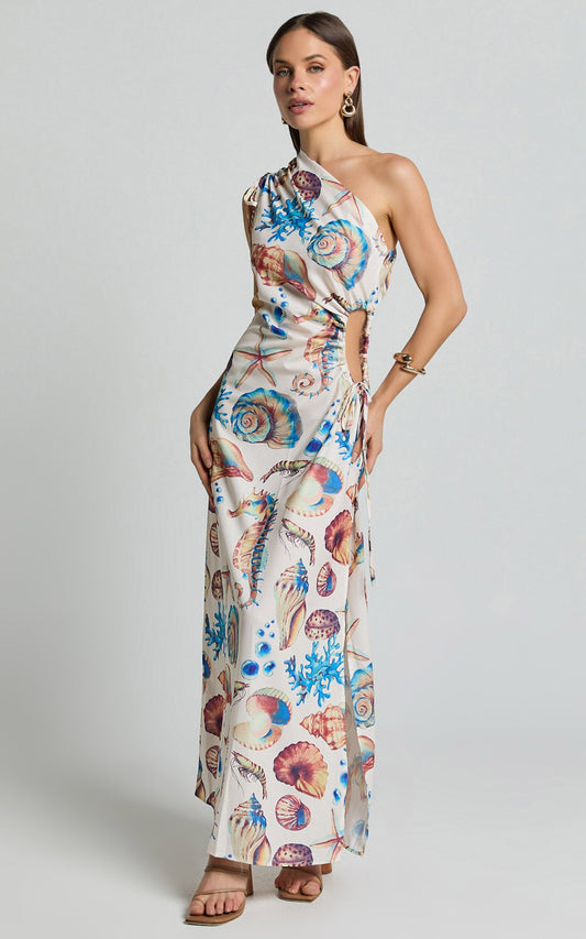Gemma Midi Dress - One Shoulder Side Cut Out Side Slit Dress in Holiday Print