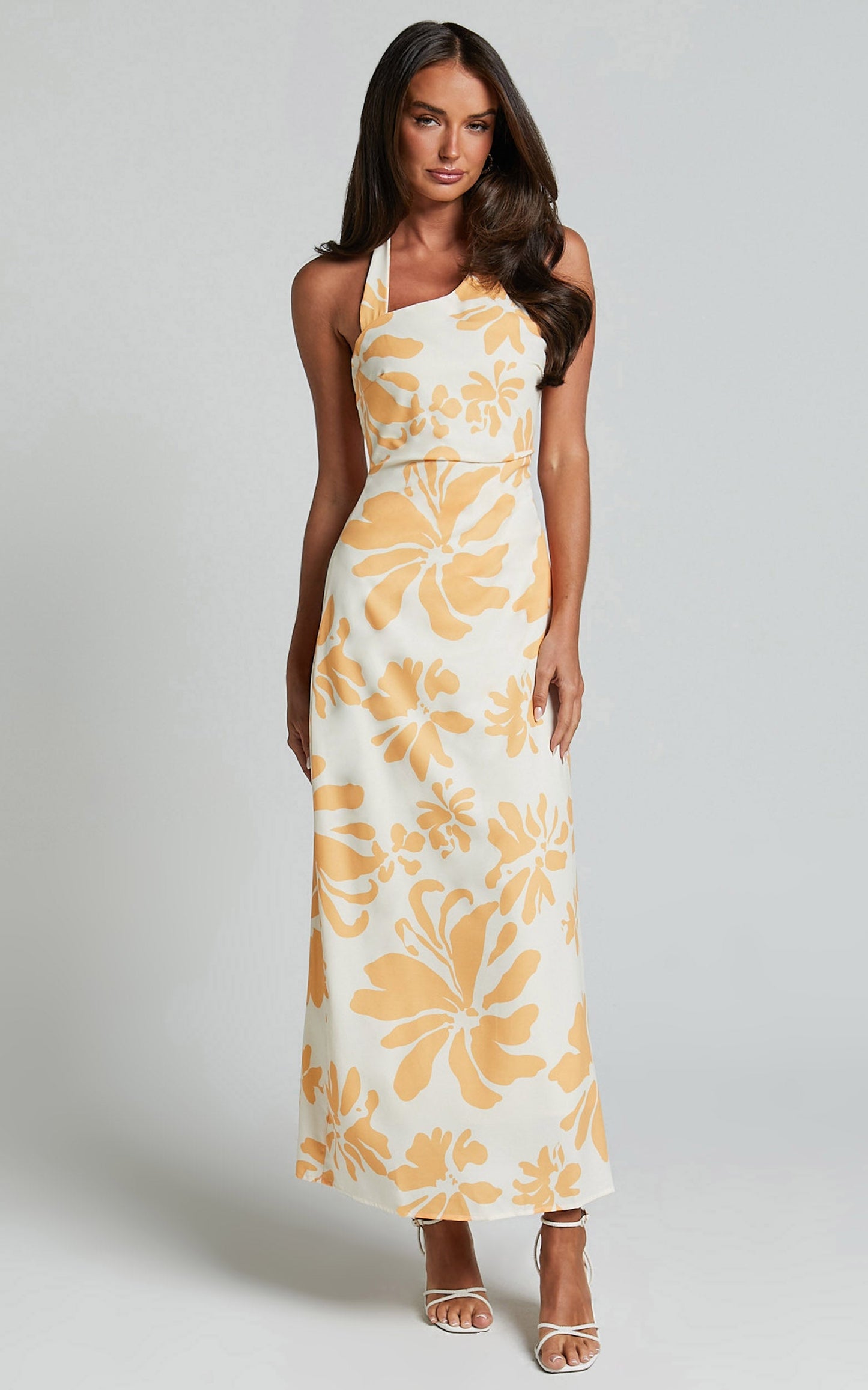 Gena Midi Dress - Halter Neck Slip Dress in Yellow Floral