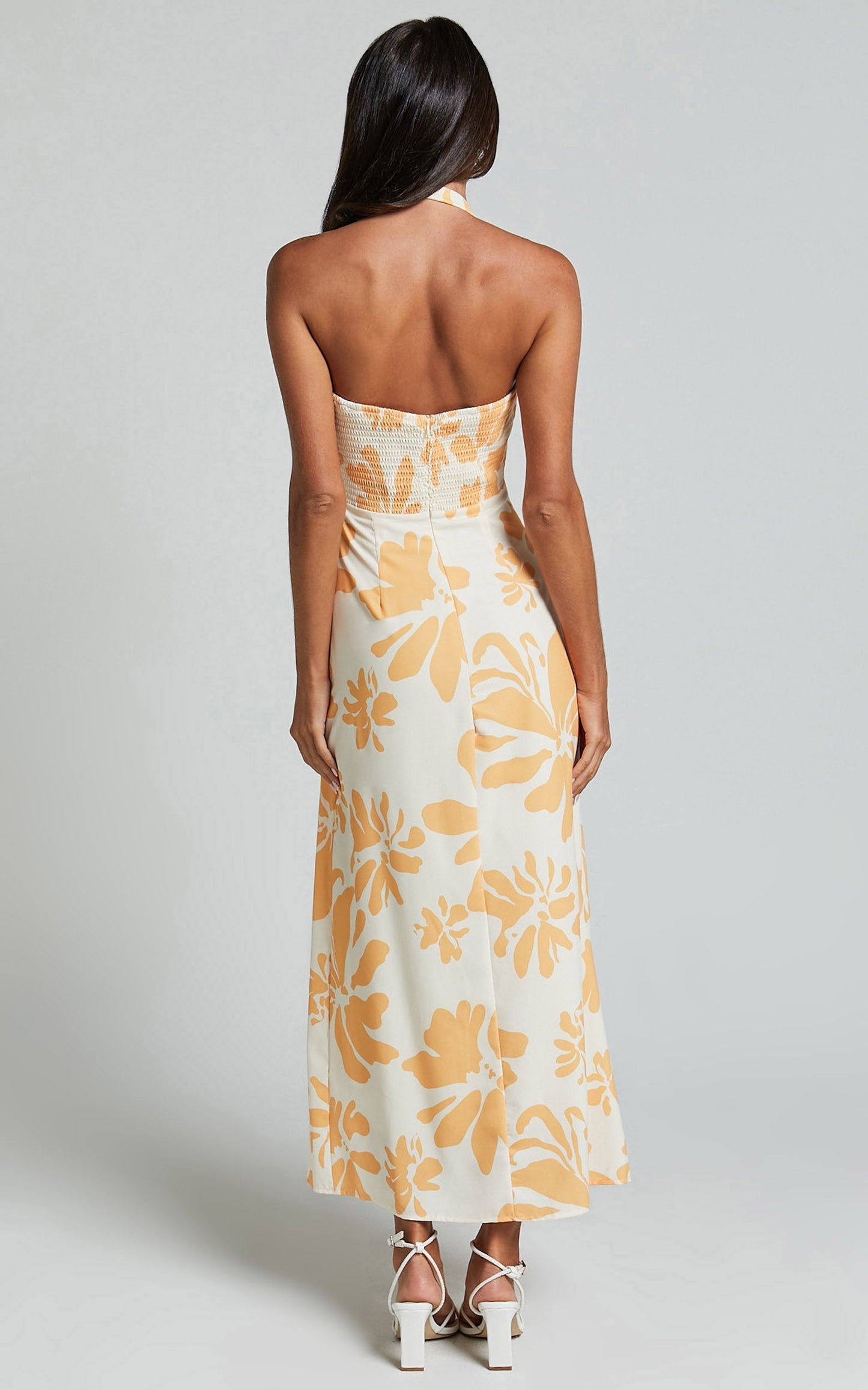Gena Midi Dress - Halter Neck Slip Dress in Yellow Floral