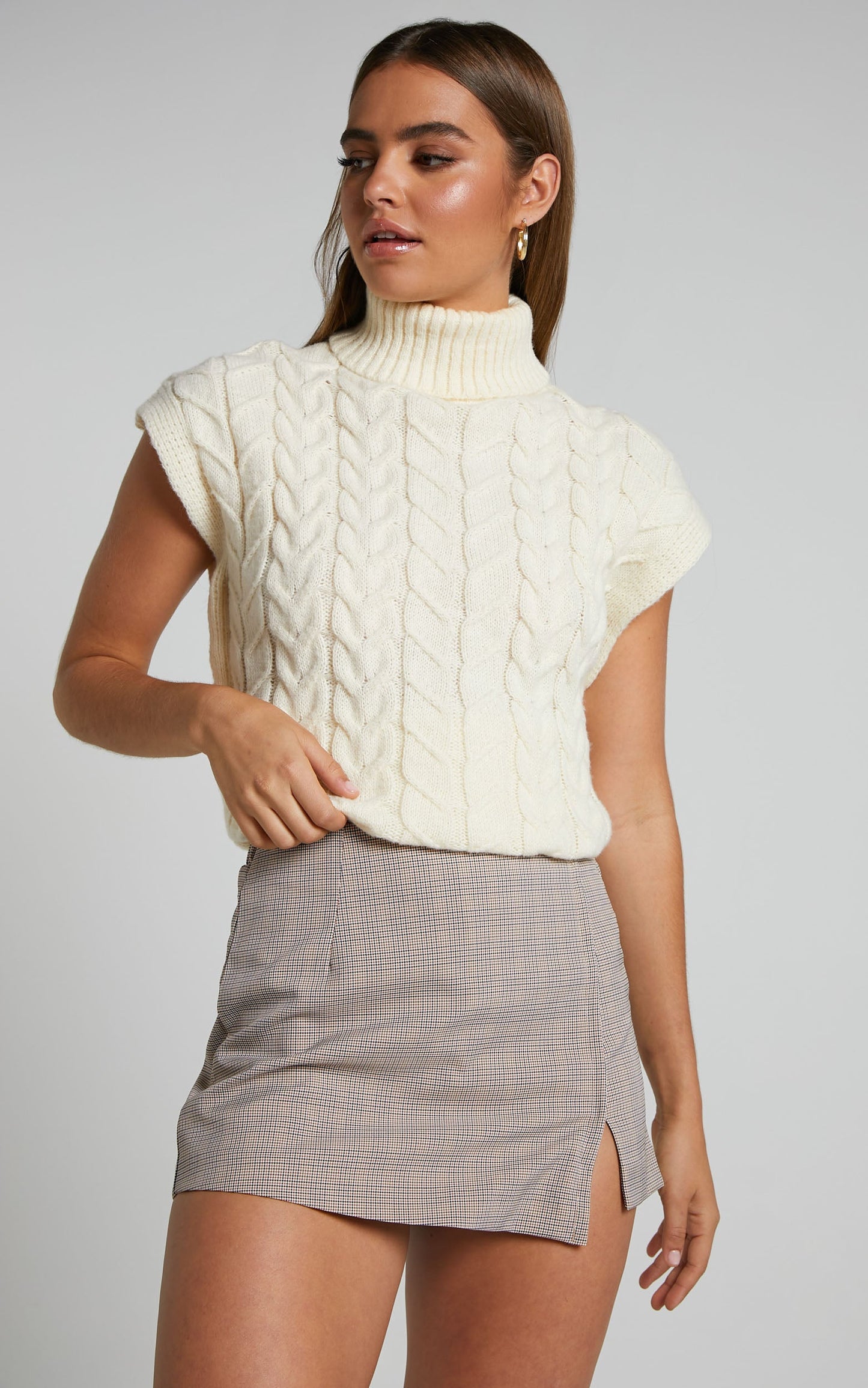 Gena Top - Mock Neck Cable Knit Top in Beige