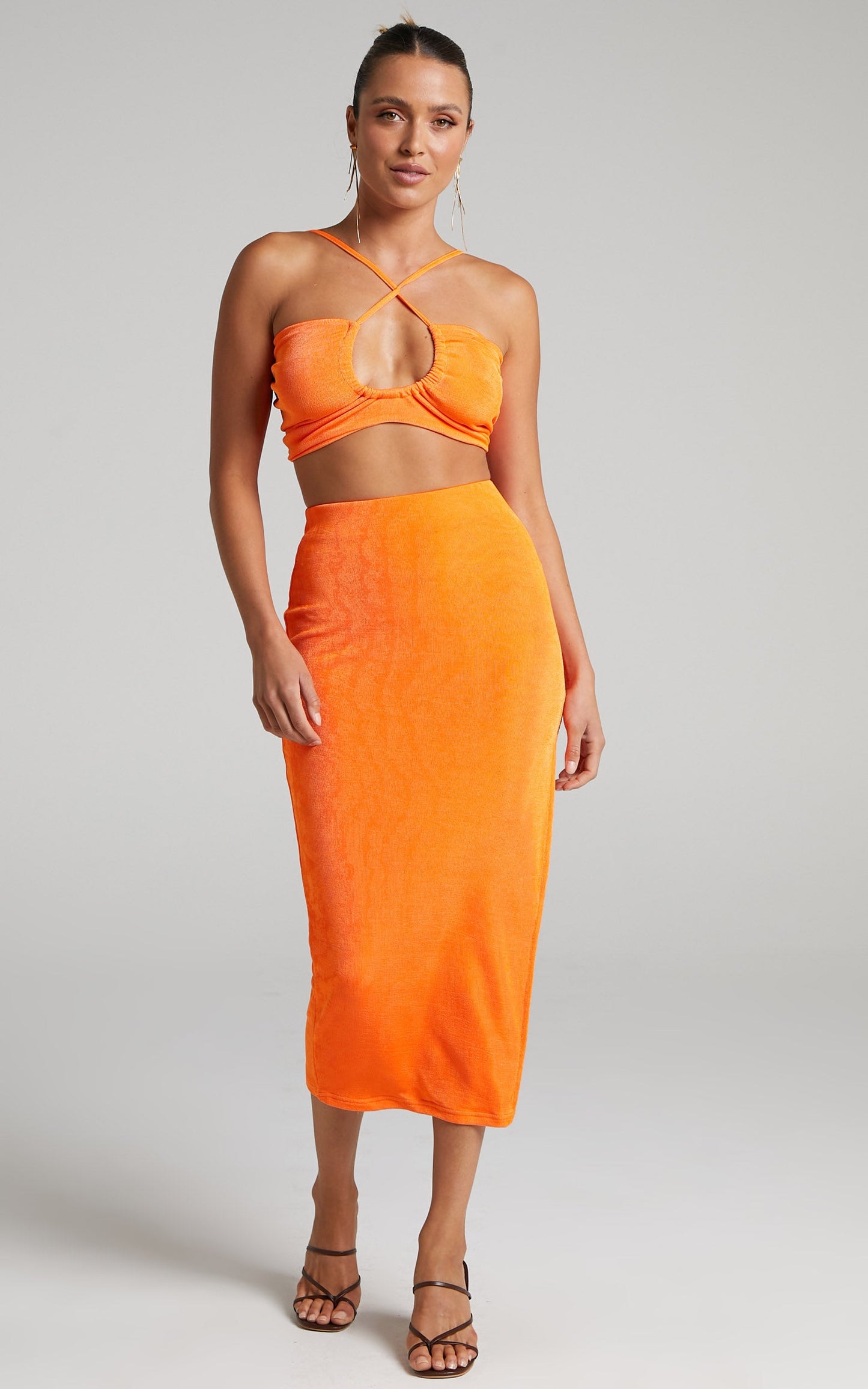Geneva Bandeau Top Midi Skirt Two Piece Set in Orange