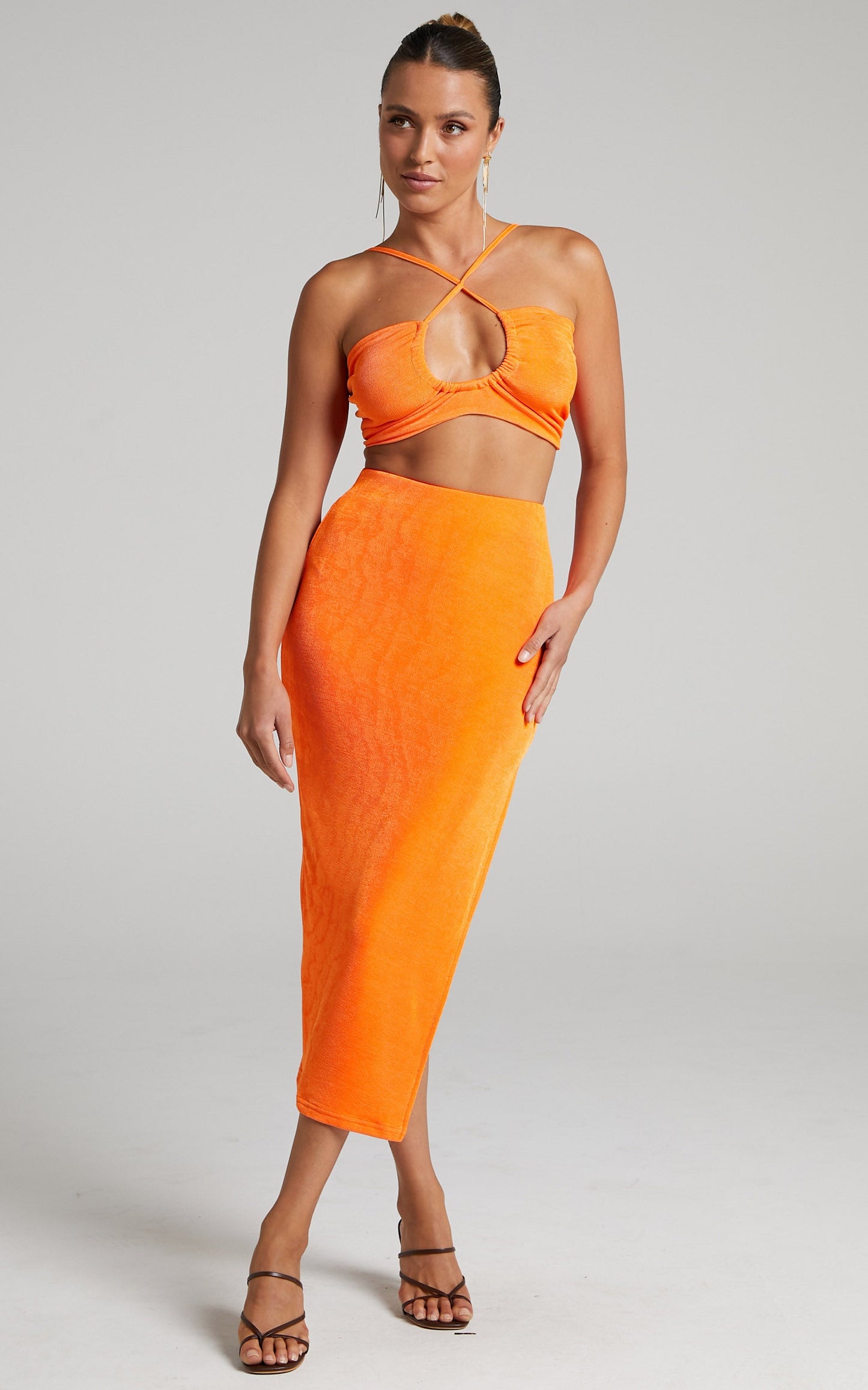 Geneva Bandeau Top Midi Skirt Two Piece Set in Orange