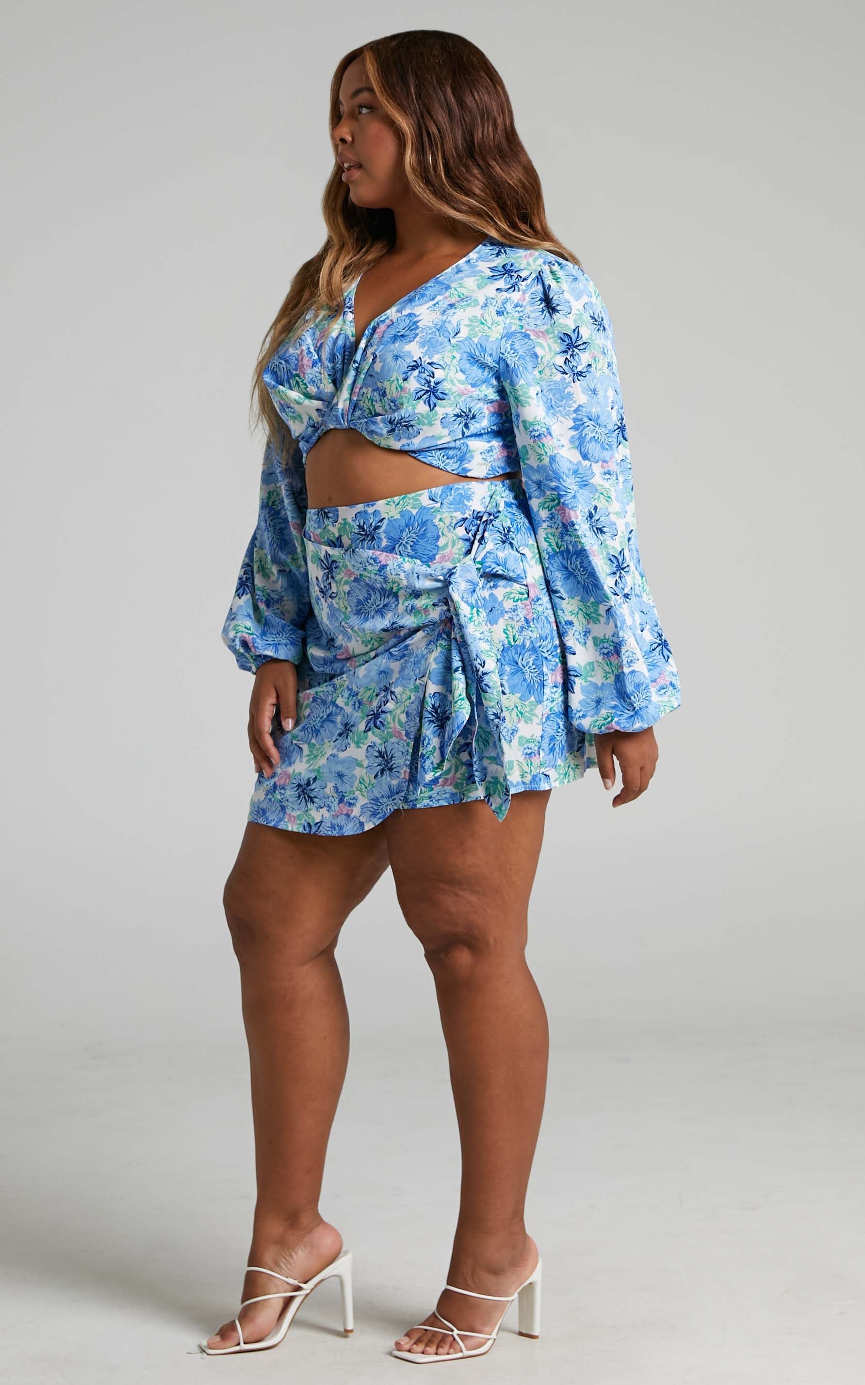 Geneve Wrap Side Tie Printed Mini Skirt in Geneve Blue Floral