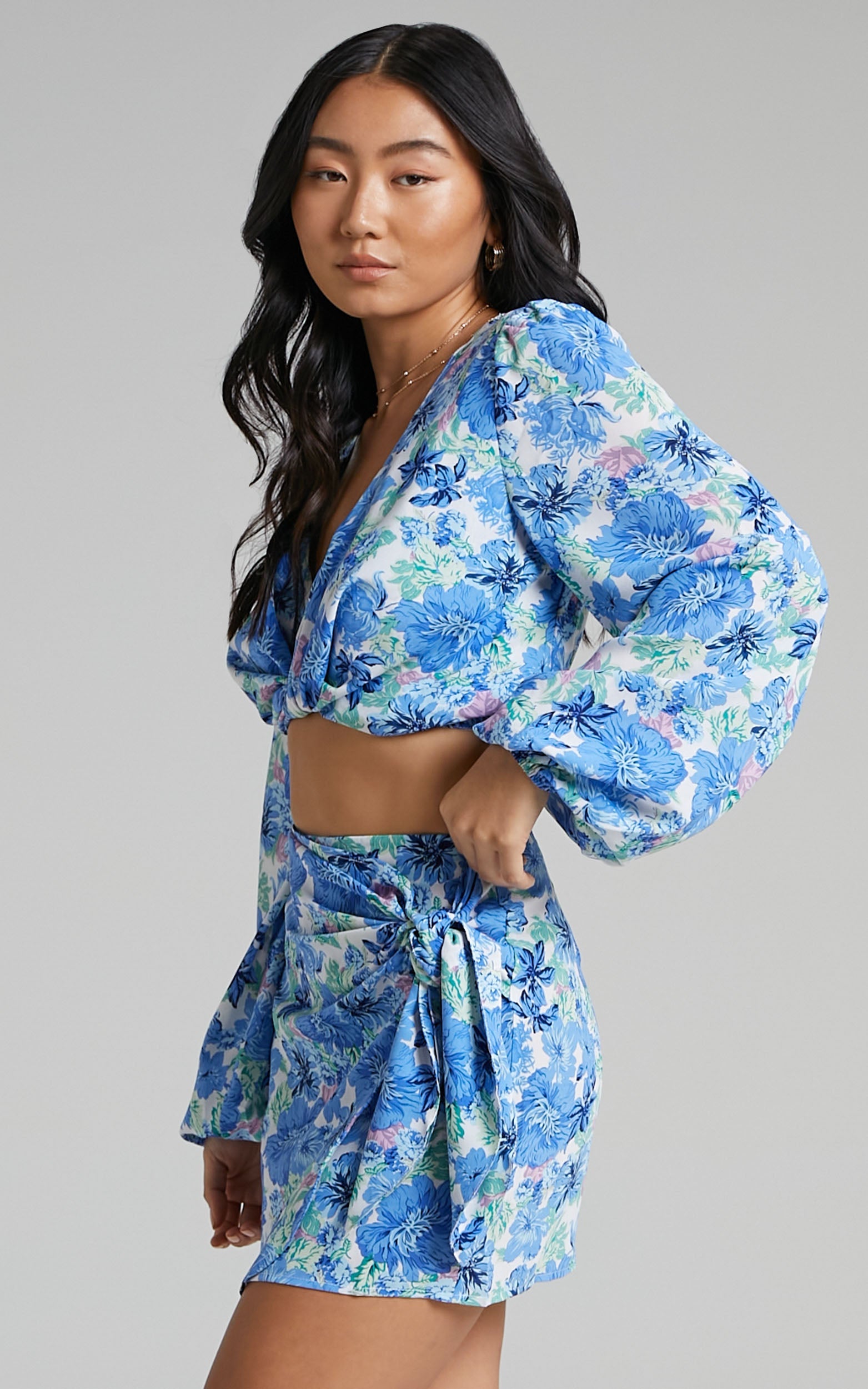 Geneve Wrap Side Tie Printed Mini Skirt in Geneve Blue Floral