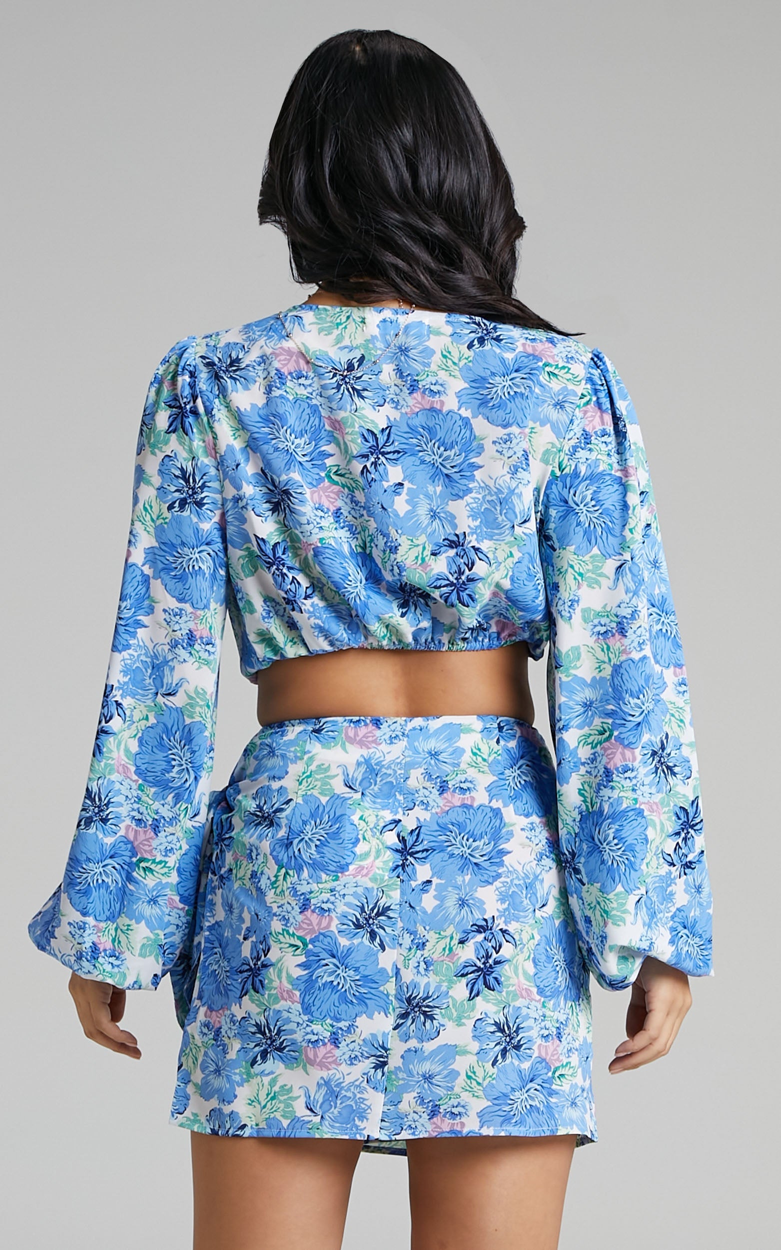 Geneve Wrap Side Tie Printed Mini Skirt in Geneve Blue Floral
