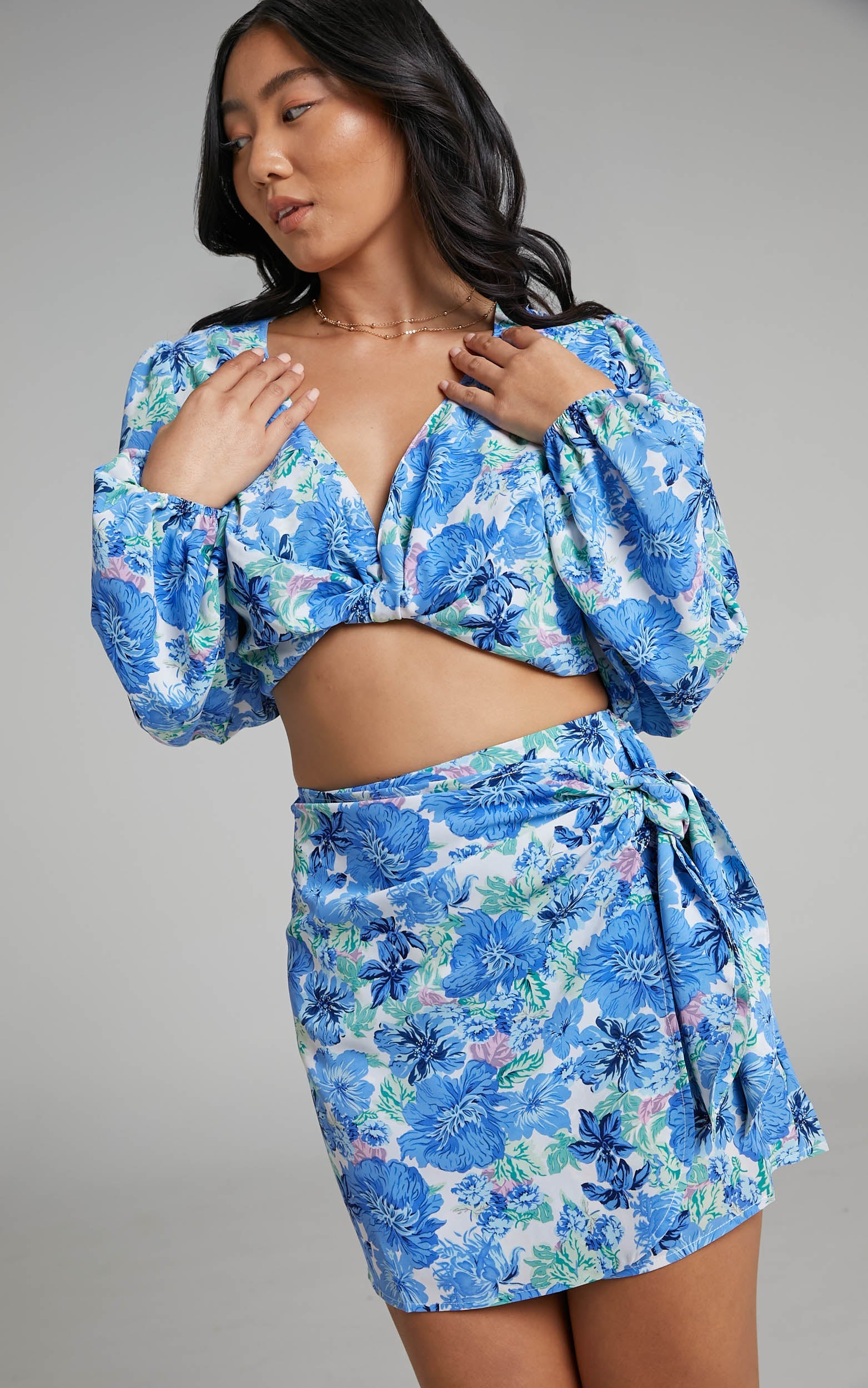 Geneve Wrap Side Tie Printed Mini Skirt in Geneve Blue Floral