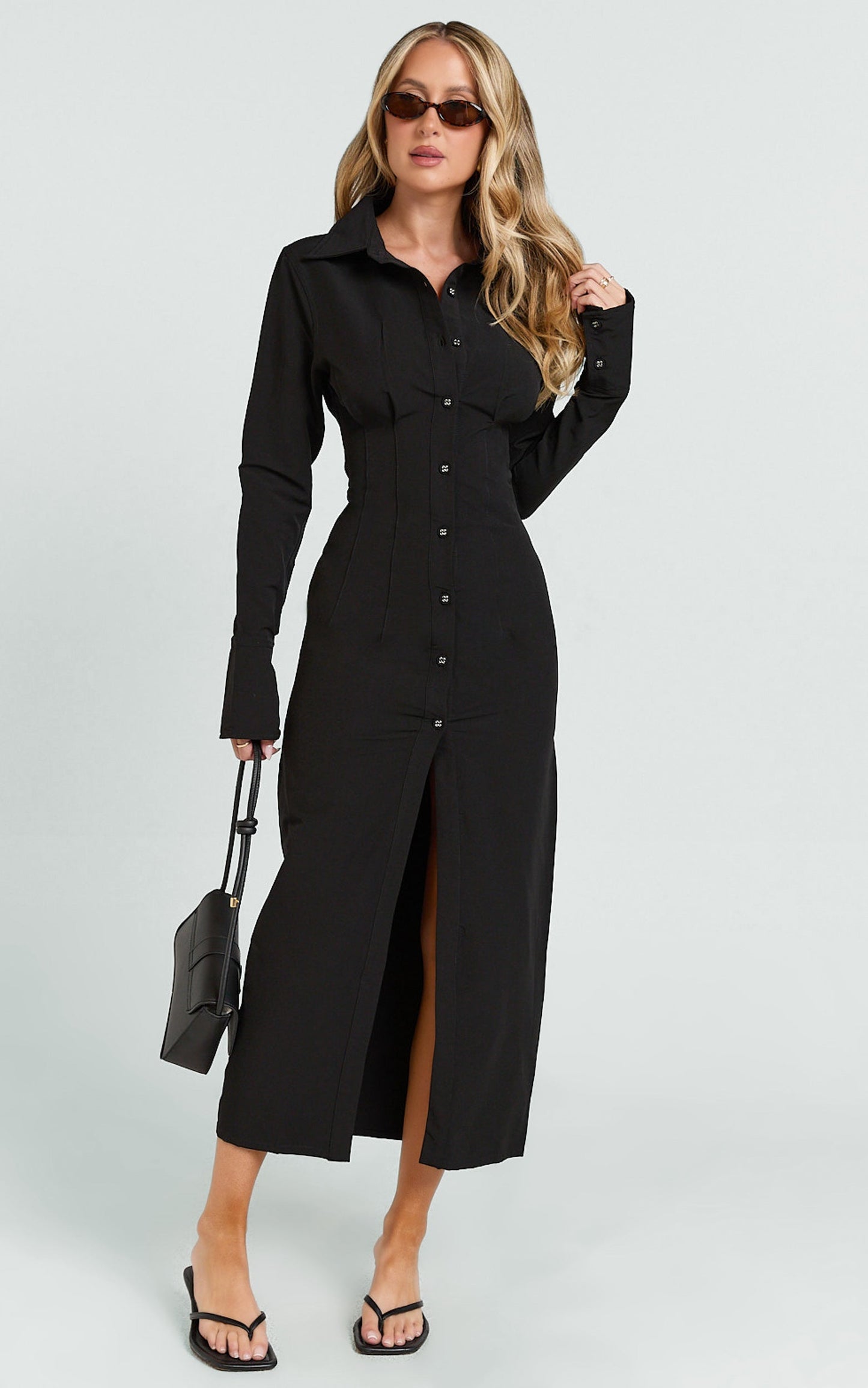 Genevieve Midi Dress - Slim Shirt Dress in Black