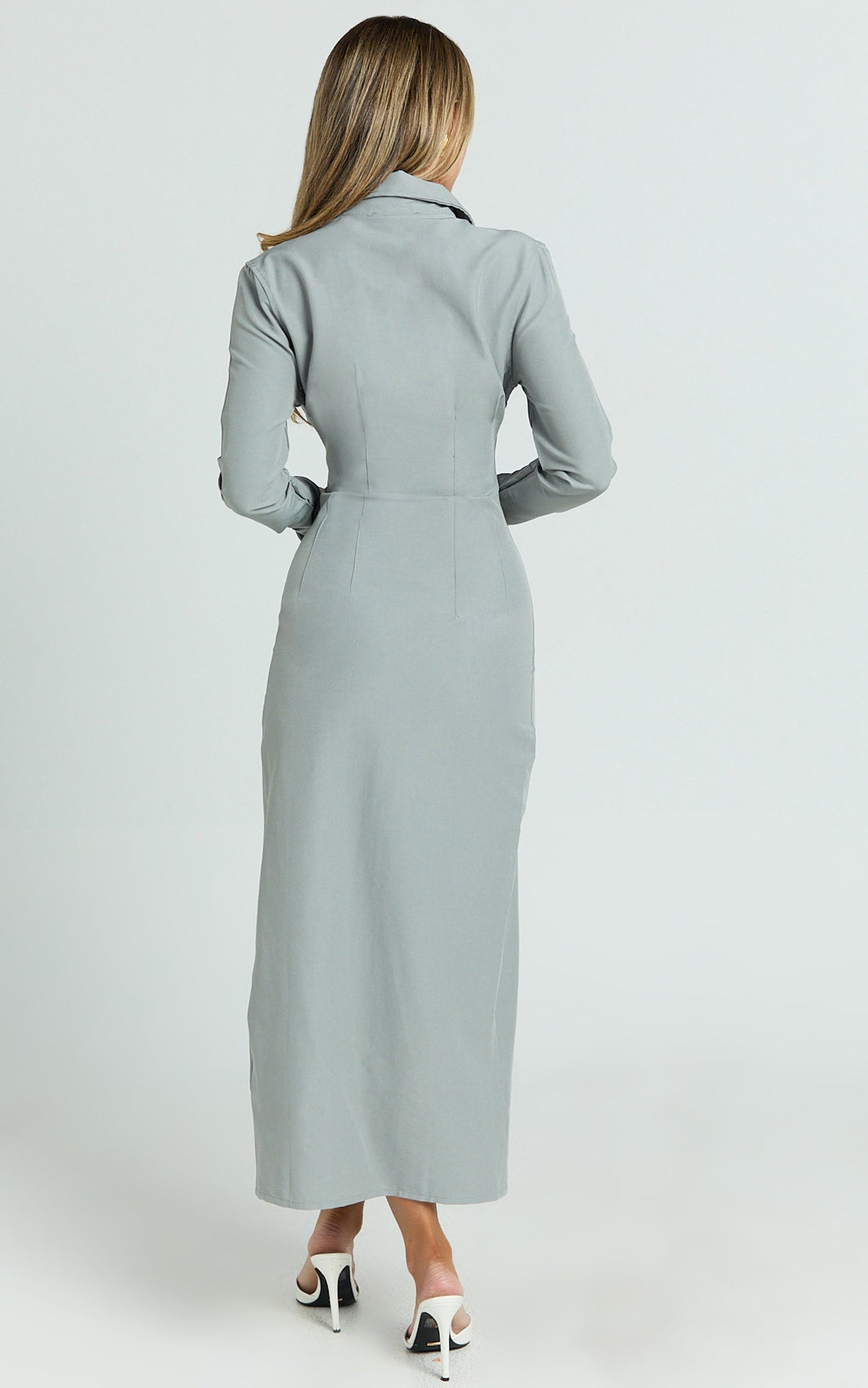 Genevieve Midi Dress - Slim Shirt Dress in Light Grey