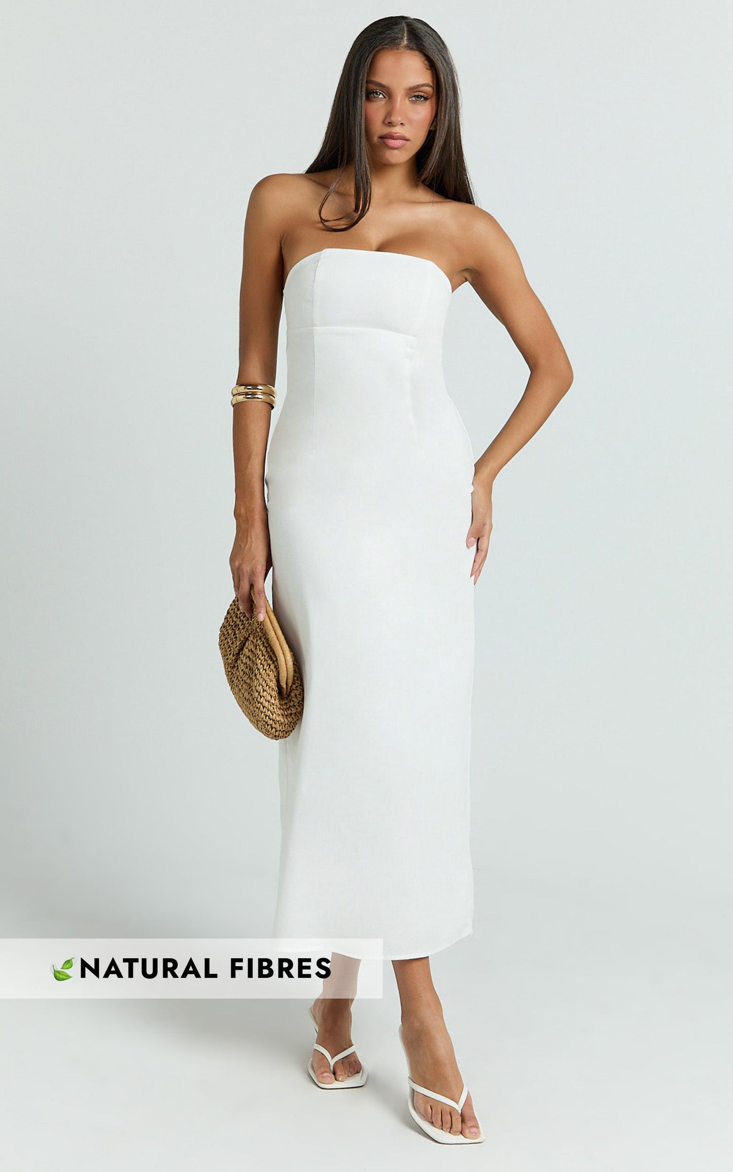 Genni Midi Dress - Strapless A Line Linen Blend Dress in White