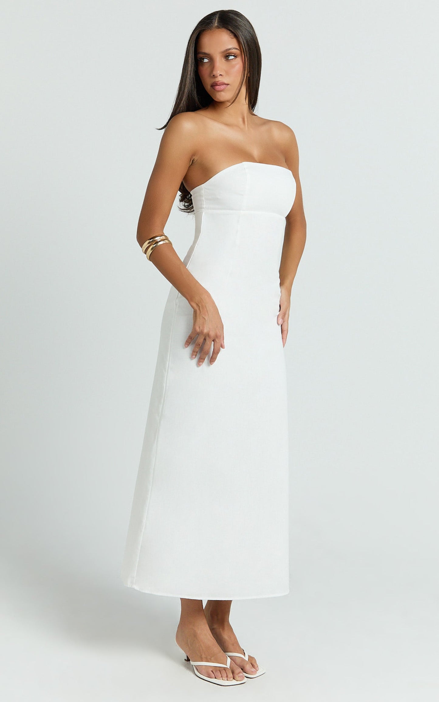 Genni Midi Dress - Strapless A Line Linen Blend Dress in White