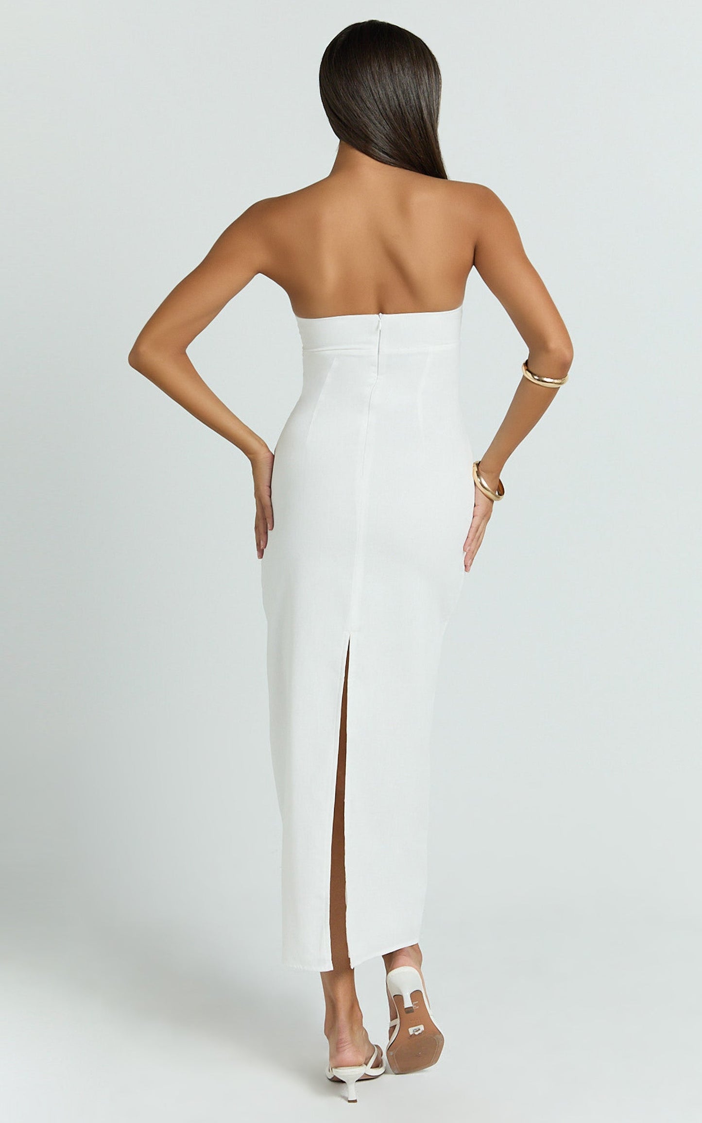 Genni Midi Dress - Strapless A Line Linen Blend Dress in White