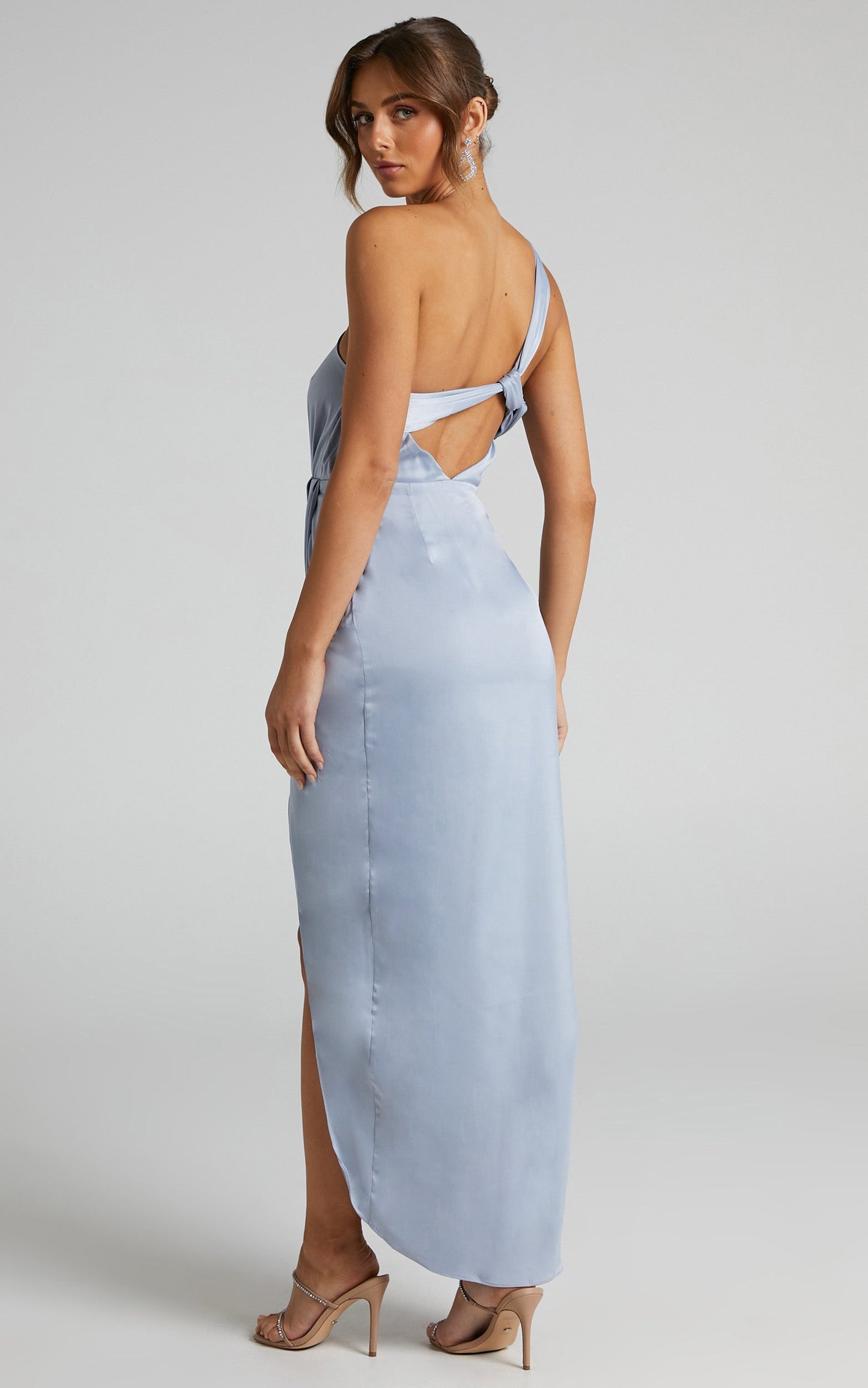 Genoise Midi Dress - One Shoulder Draped Asymmetric Satin Dress in Pale Blue