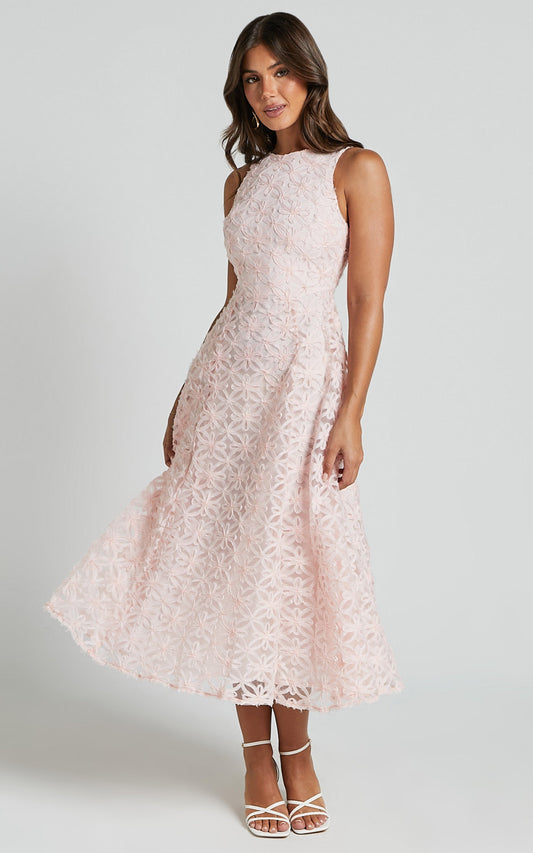 Georgina Midi Dress - Crew Neck Sleeveless A Line Dress in Blush Pink