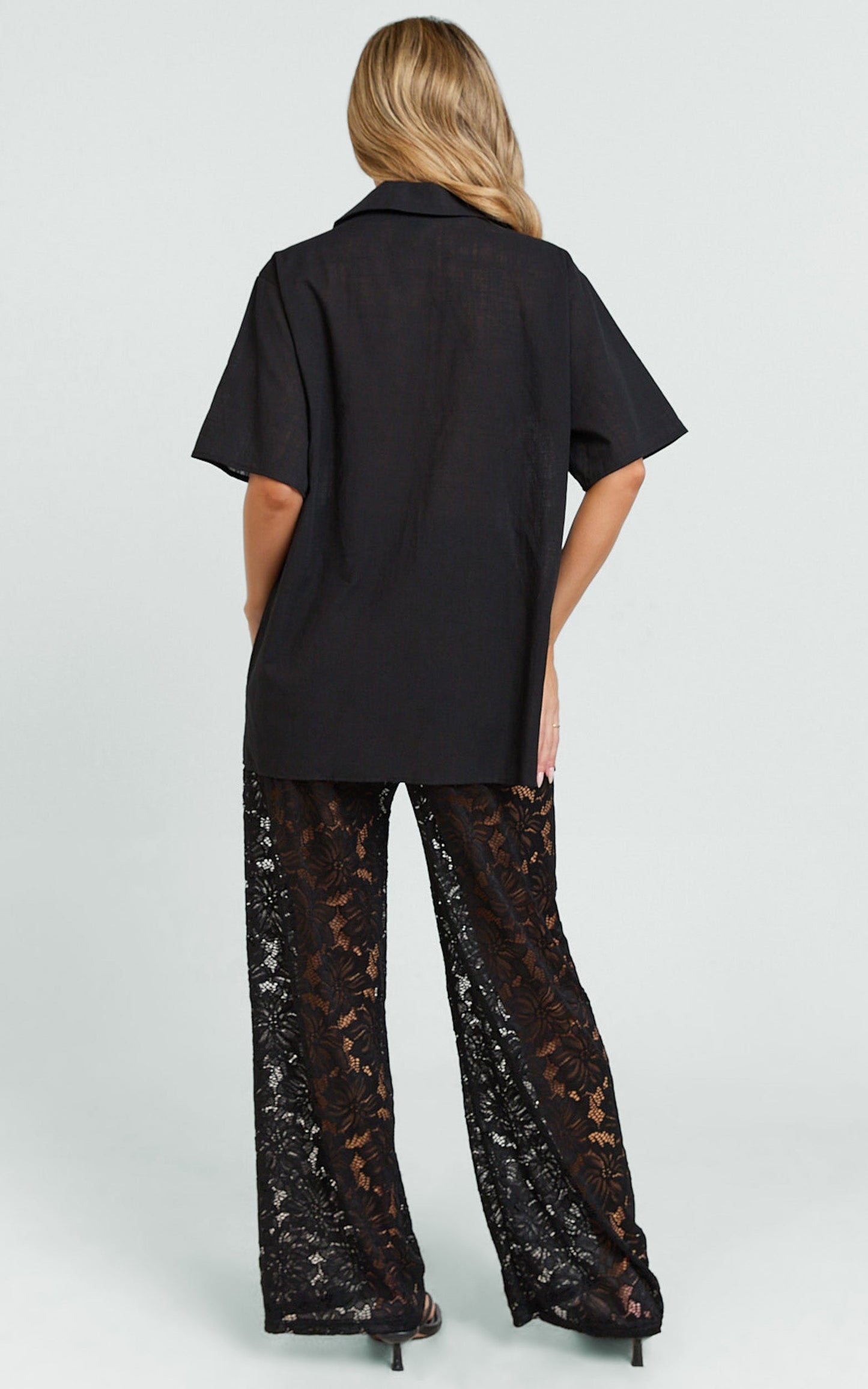 Jemma Two Piece Set - Relaxed Shirt and Lace Pants Set in Black