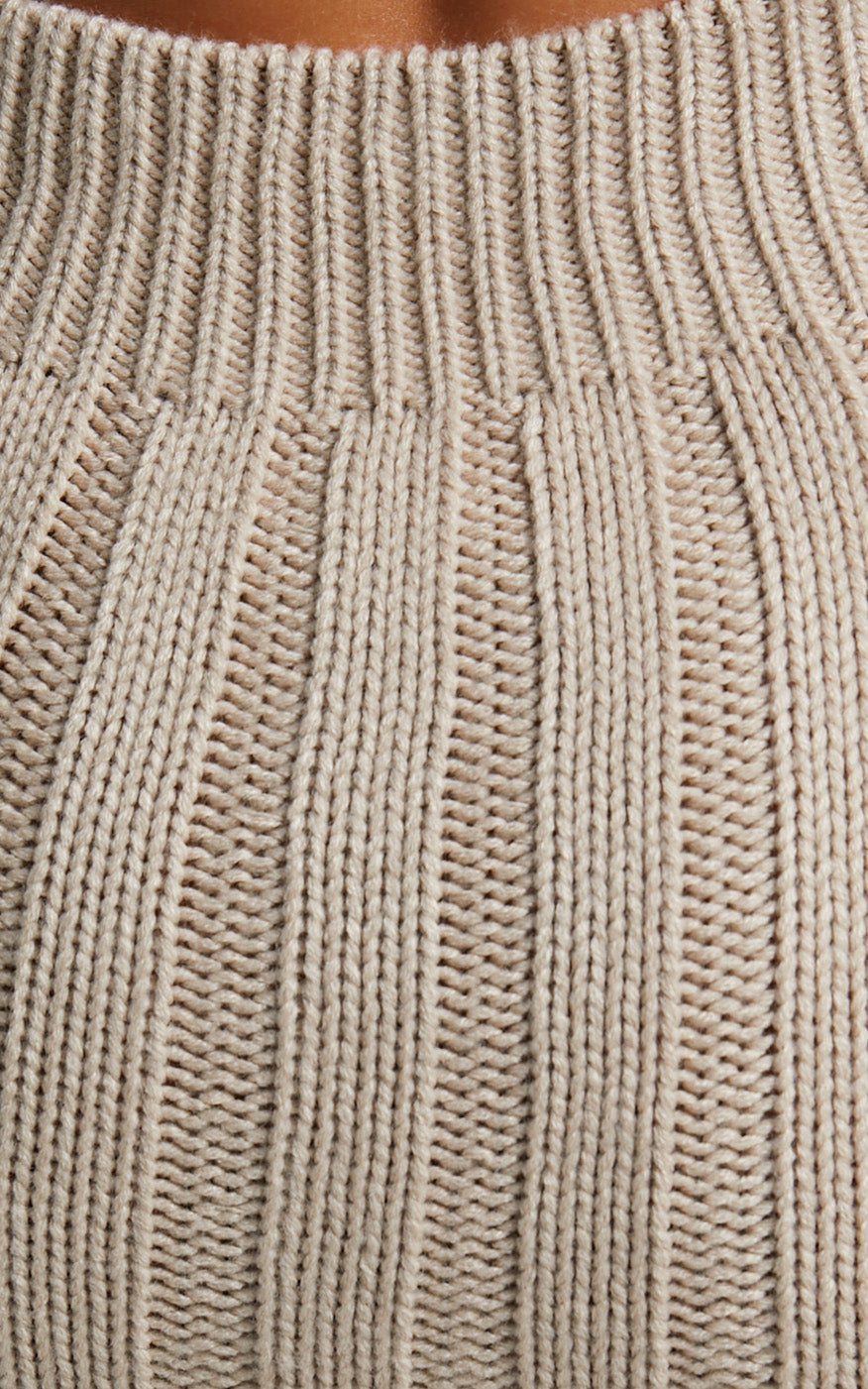 Ghamie Mini Dress - Knit Bodycon Long Sleeve Open Back Dress in Beige