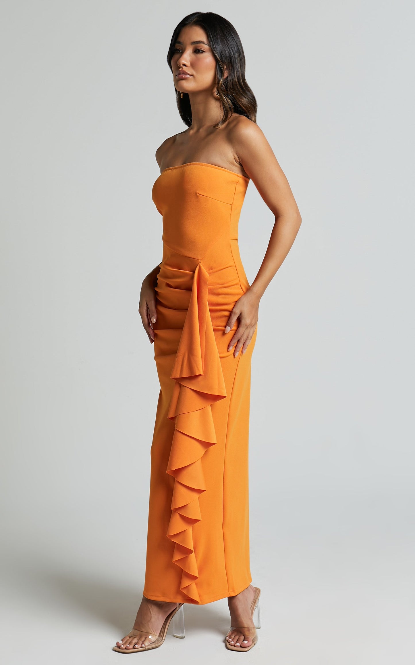 Ghamie Midi Dress - Strapless Ruffle Dress in Orange