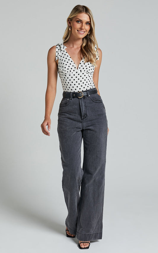 Ghent Top - Shoulder Tie Plunge Top in Black and White Spot