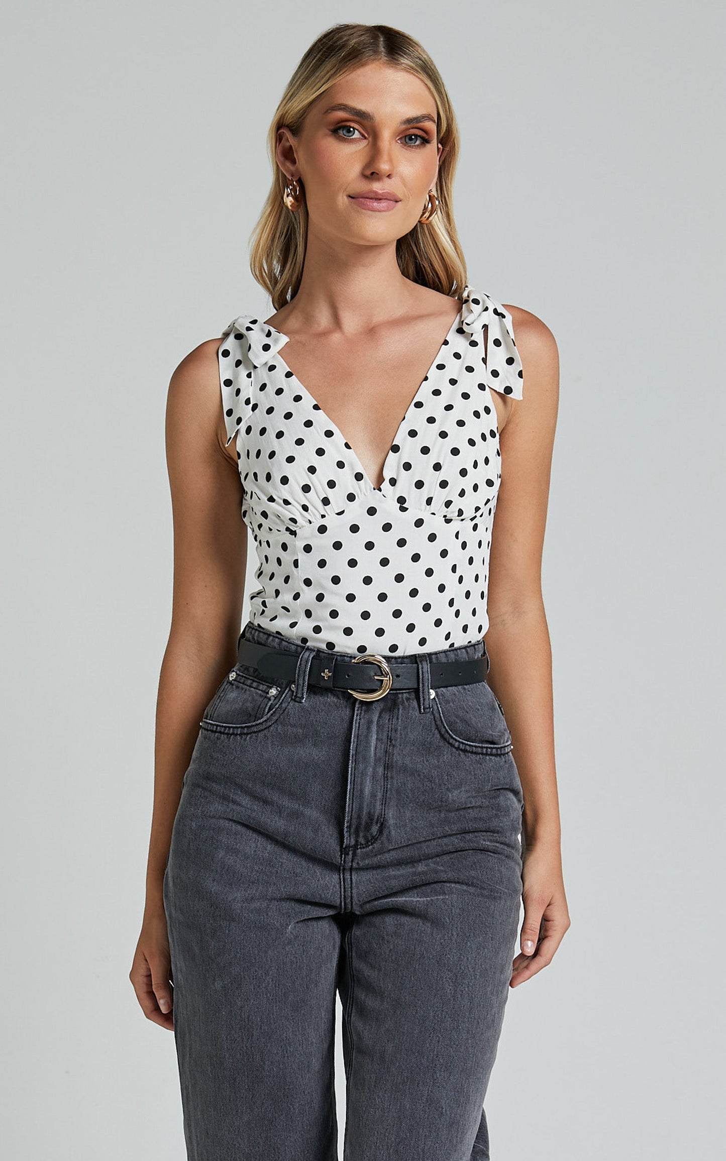 Ghent Top - Shoulder Tie Plunge Top in Black and White Spot