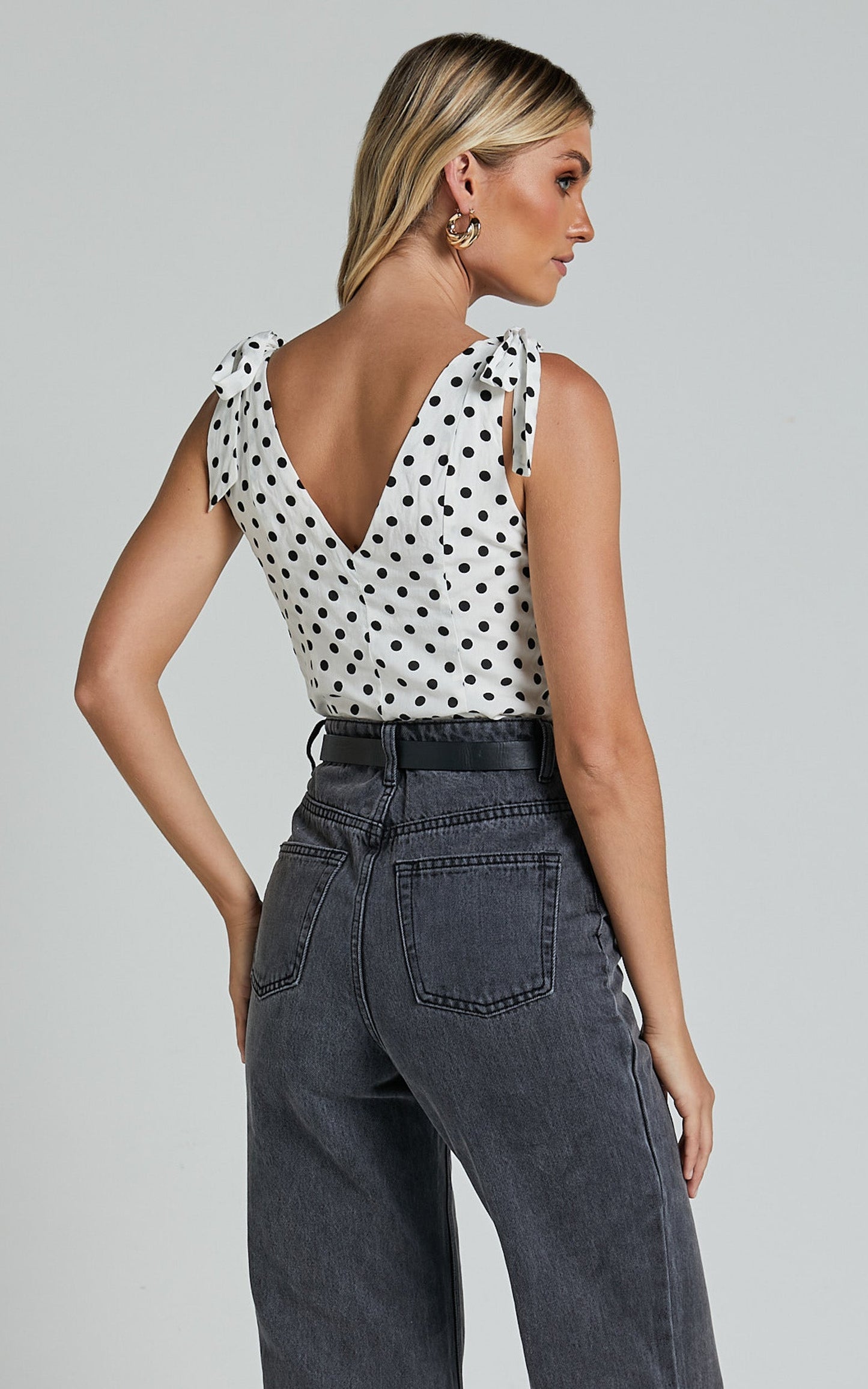 Ghent Top - Shoulder Tie Plunge Top in Black and White Spot