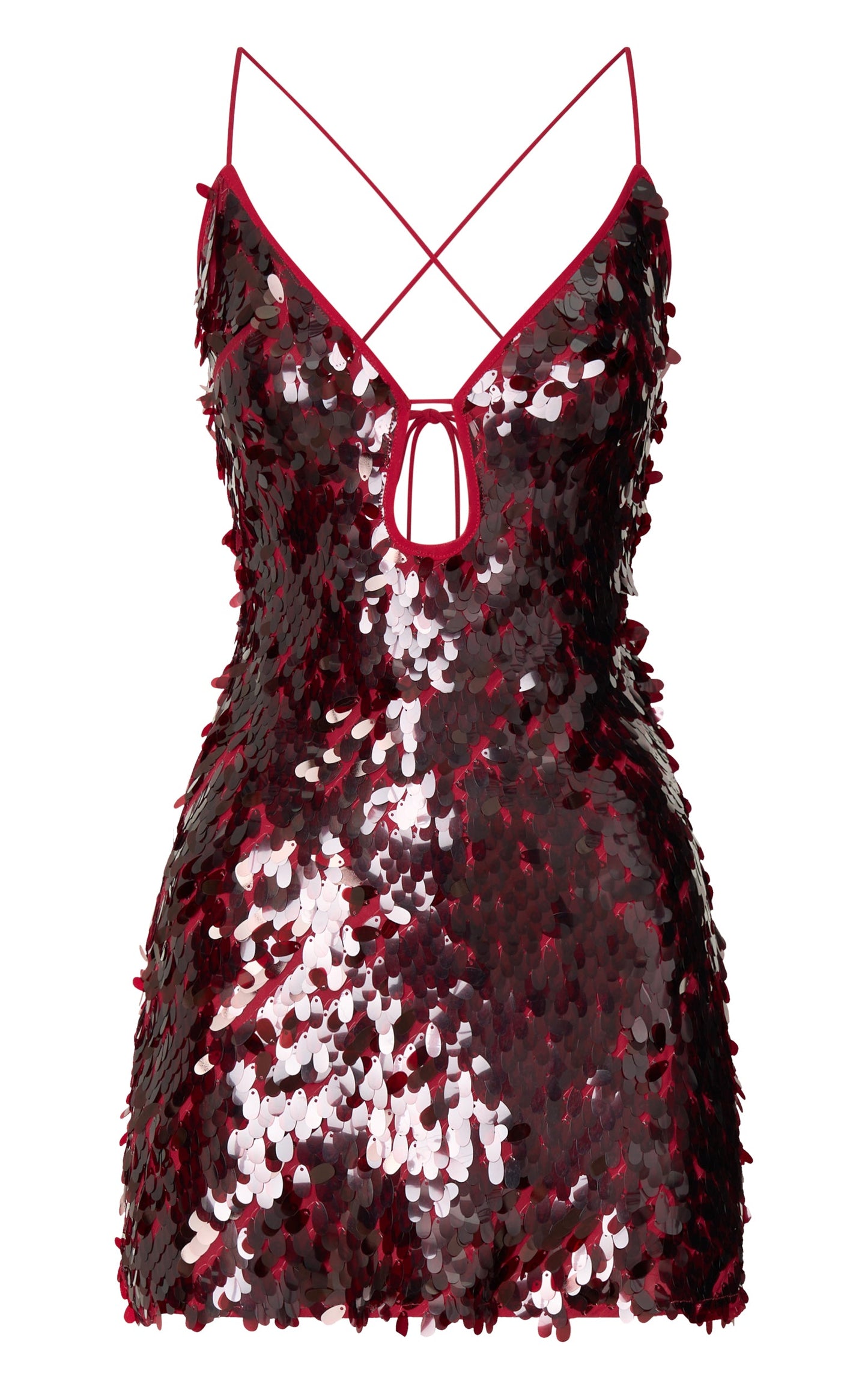Finn Mini Dress - Plunge Neck Sheer Sequin Dress in Wine
