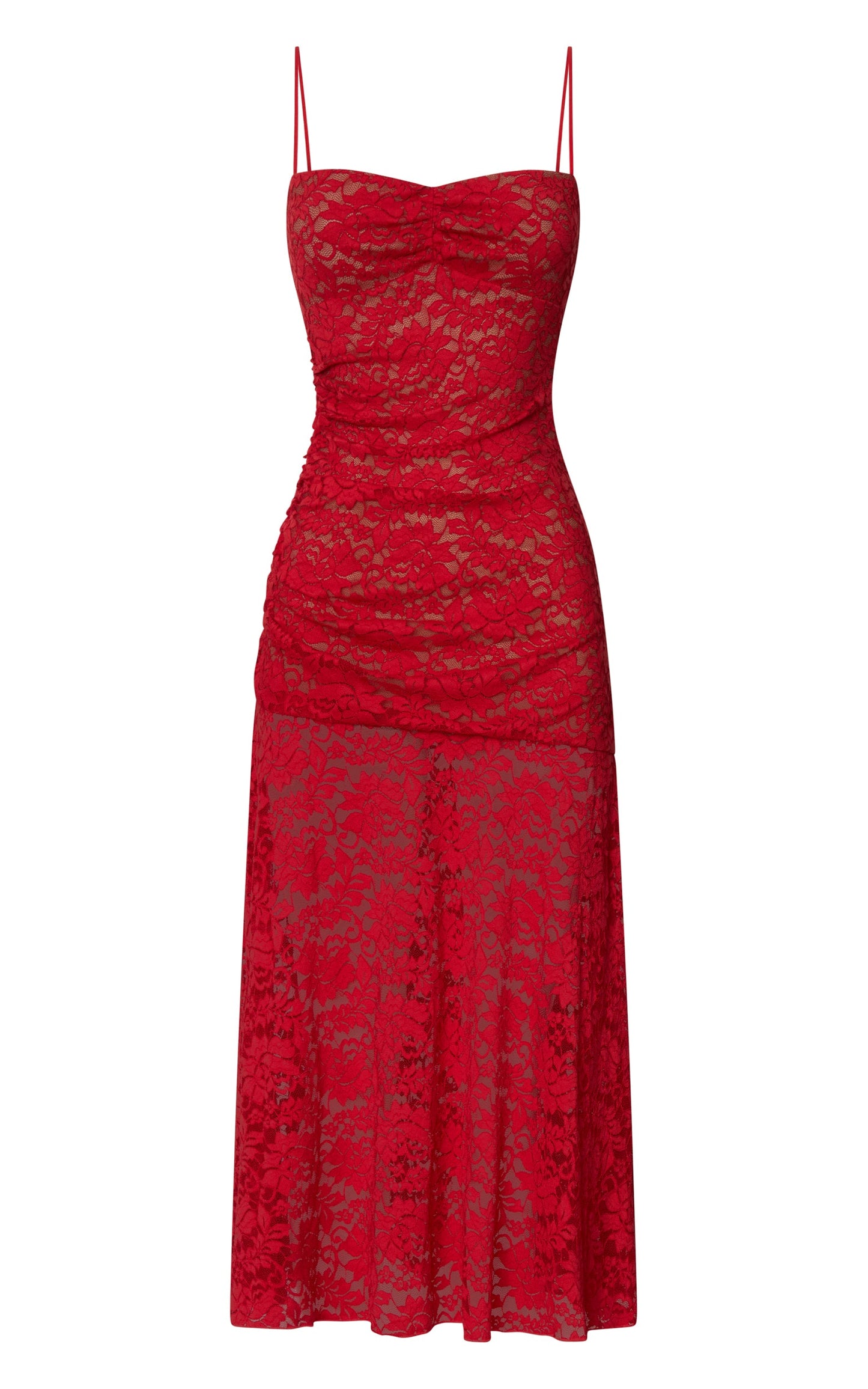 James Midi Dress - Ruched Stretch Lace Dress in Red