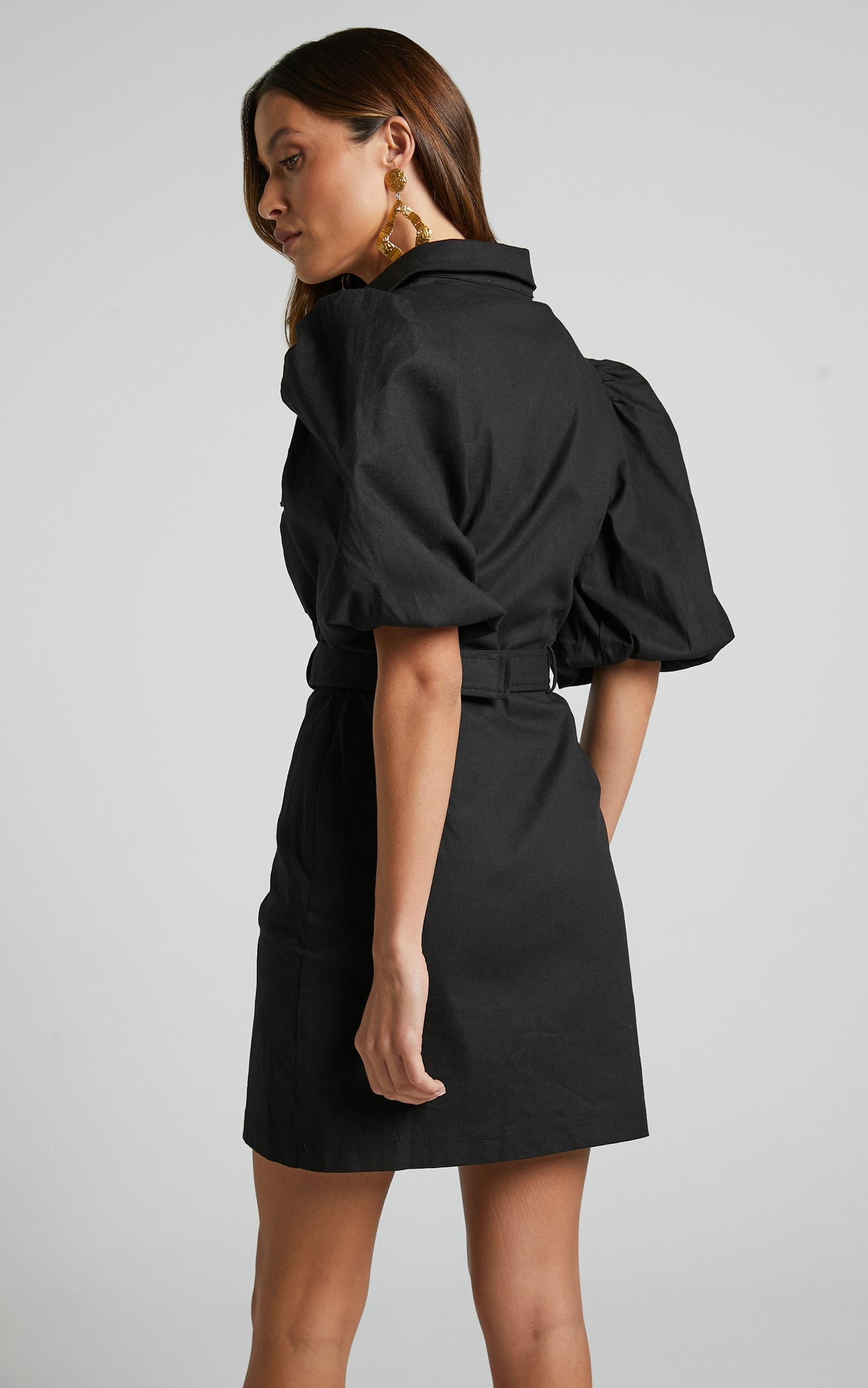 Gianni Mini Dress - Puff Sleeve Belted Dress in Black