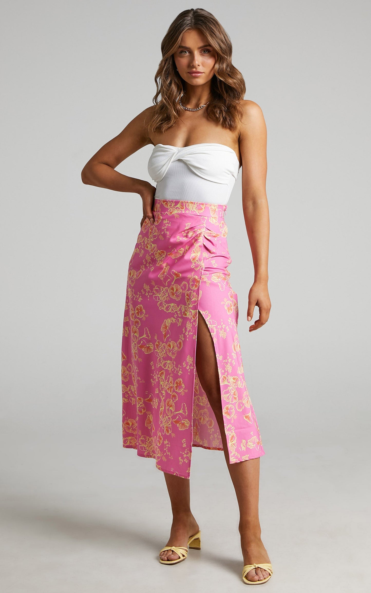 Giannina Midi Skirt with Thigh Split in Floral Fantasia