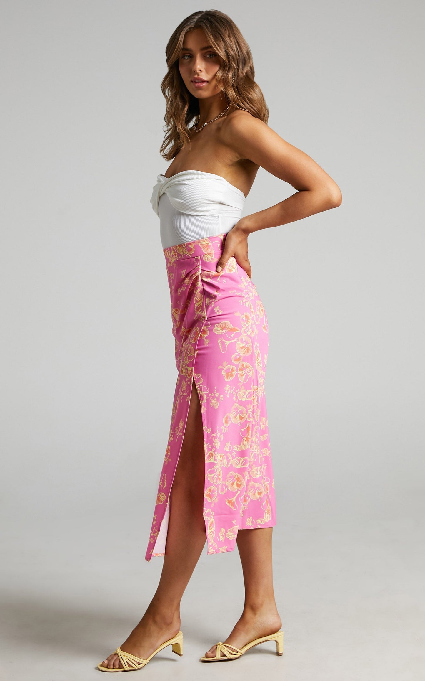 Giannina Midi Skirt with Thigh Split in Floral Fantasia