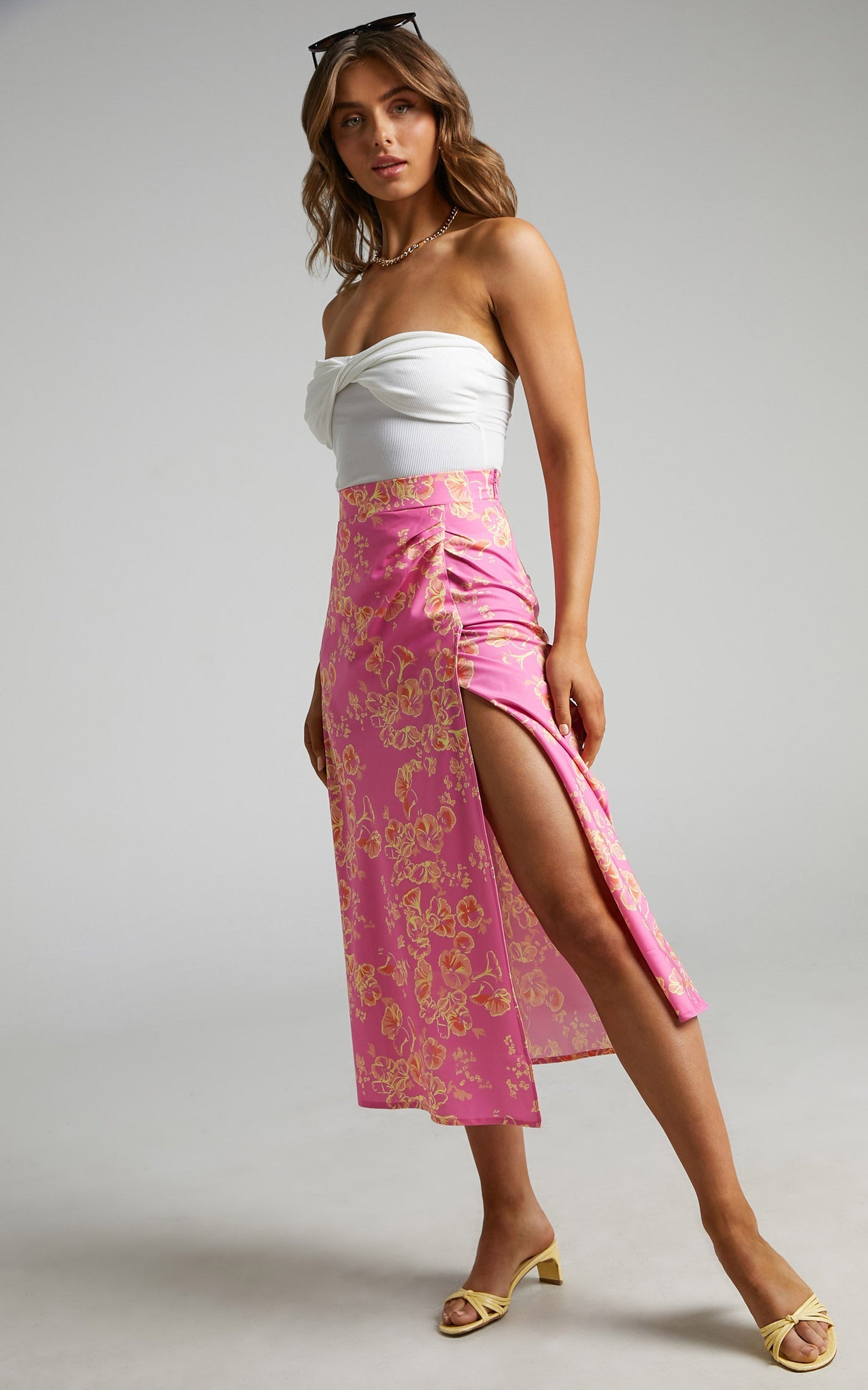 Giannina Midi Skirt with Thigh Split in Floral Fantasia