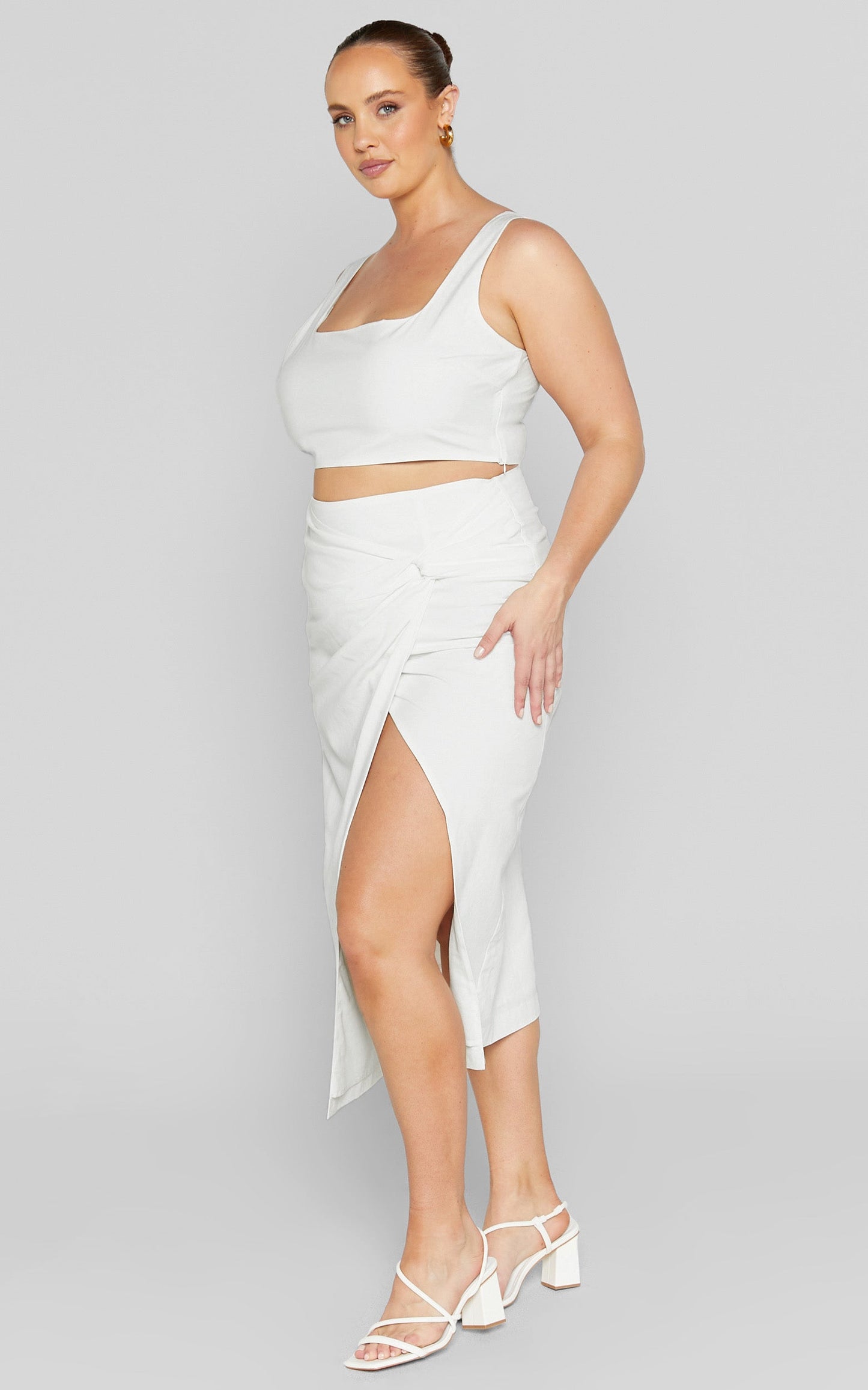 Gibson Two Piece Top and Skirt Set - Linen Crop Top and Knot Front Midi Skirt Set in White