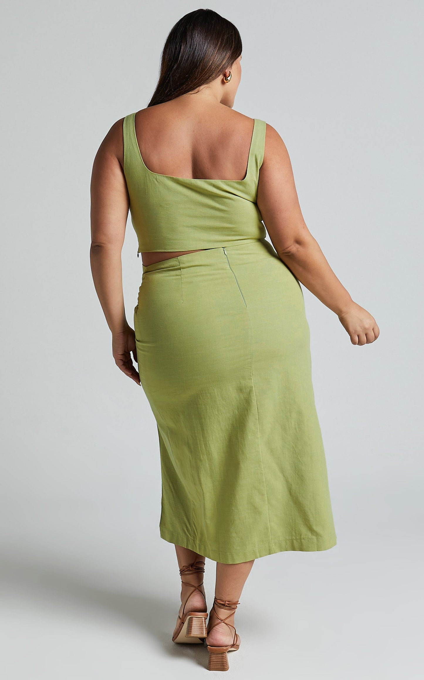 Gibson Two Piece Top and Skirt Set - Linen Crop Top and Knot Front Midi Skirt Set in Celery