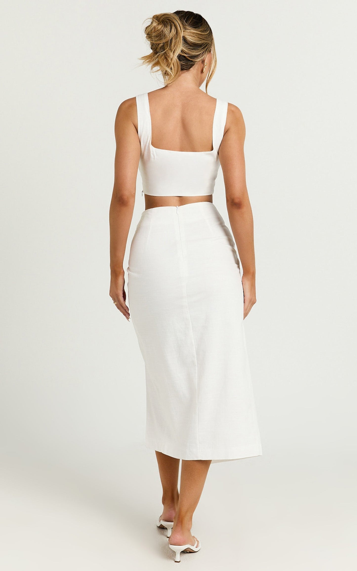 Gibson Two Piece Top and Skirt Set - Linen Crop Top and Knot Front Midi Skirt Set in White
