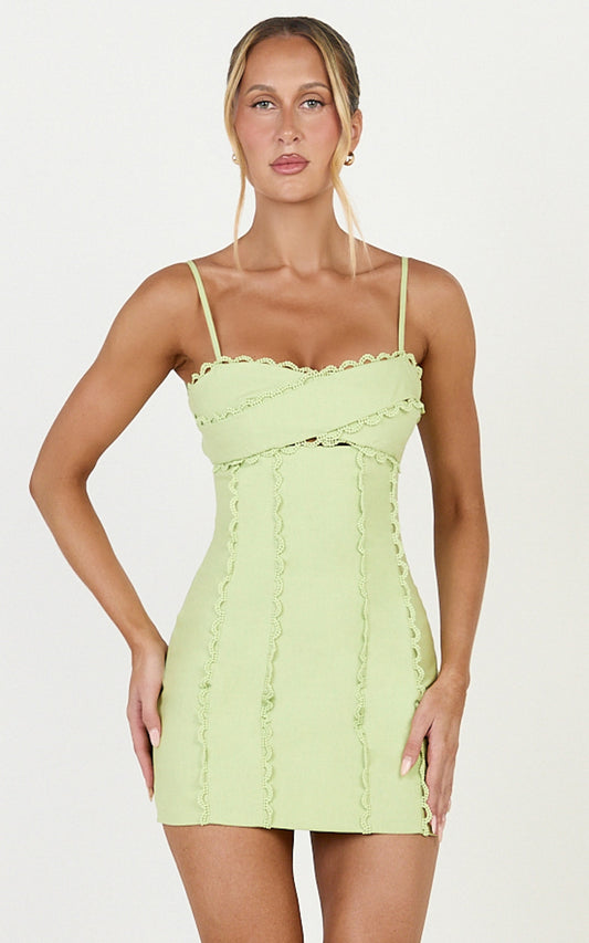 Gigi Mini Linen Blend Dress - Sweetheart Tie Back Scallop Detail Dress in Pastel Green