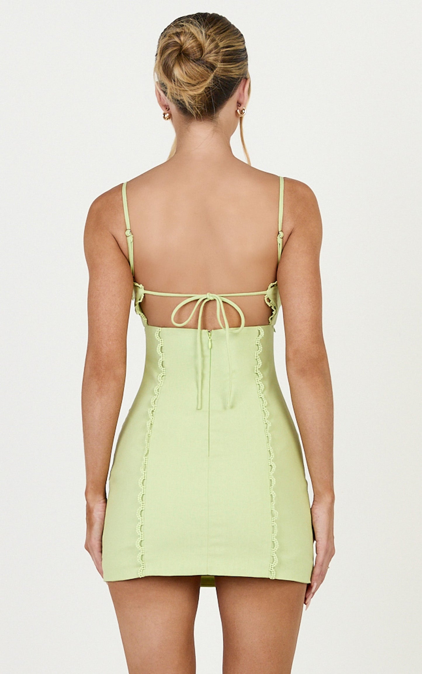Gigi Mini Linen Blend Dress - Sweetheart Tie Back Scallop Detail Dress in Pastel Green