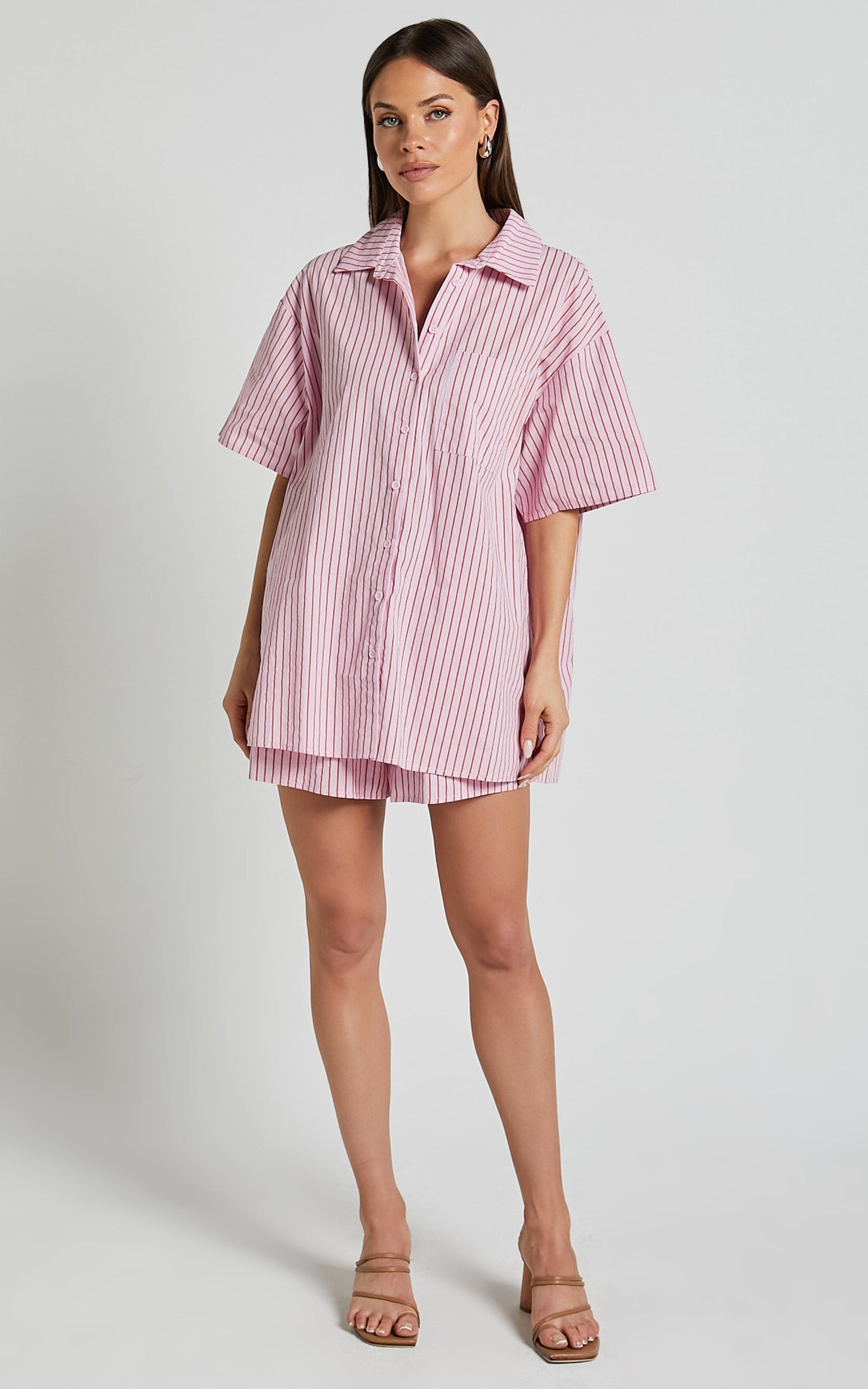 Gijon Shirt - Collared Button Through Shirt in Pink and Red Stripe
