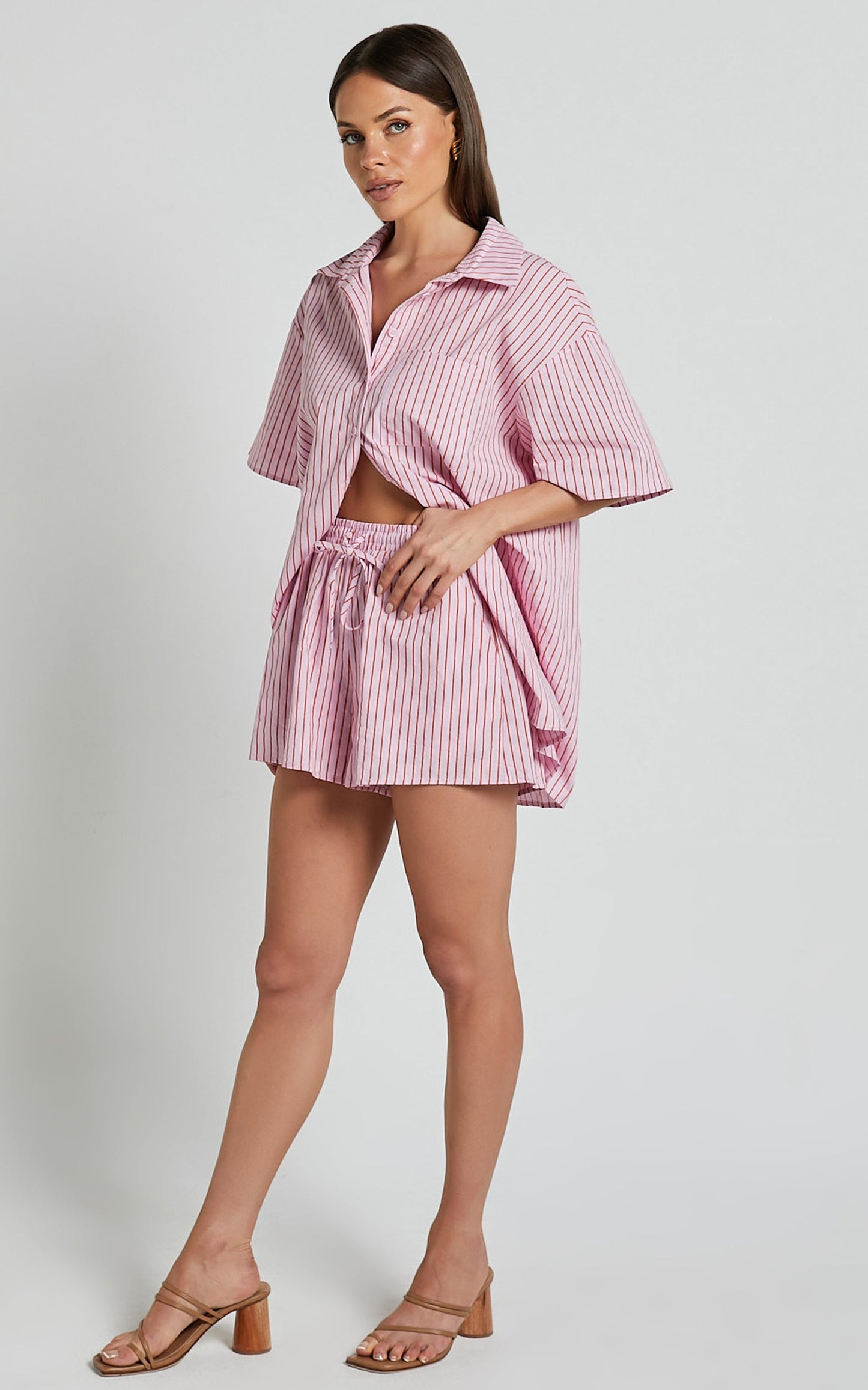 Gijon Shirt - Collared Button Through Shirt in Pink and Red Stripe