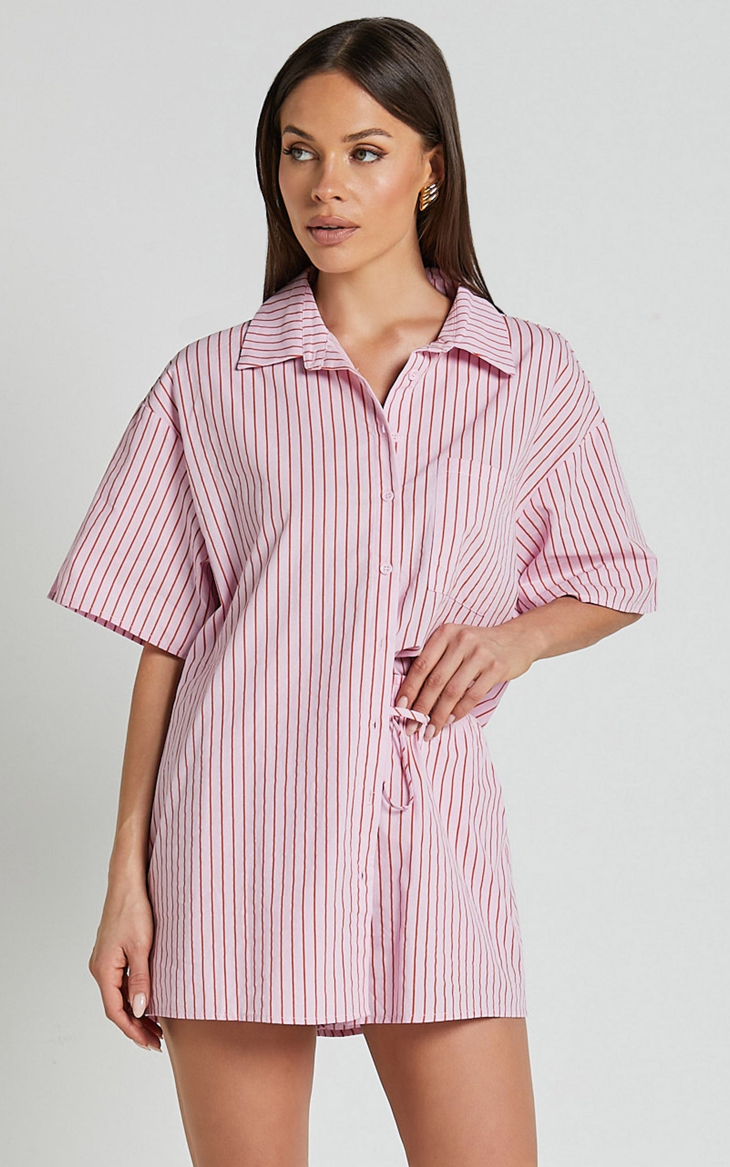 Gijon Shirt - Collared Button Through Shirt in Pink and Red Stripe