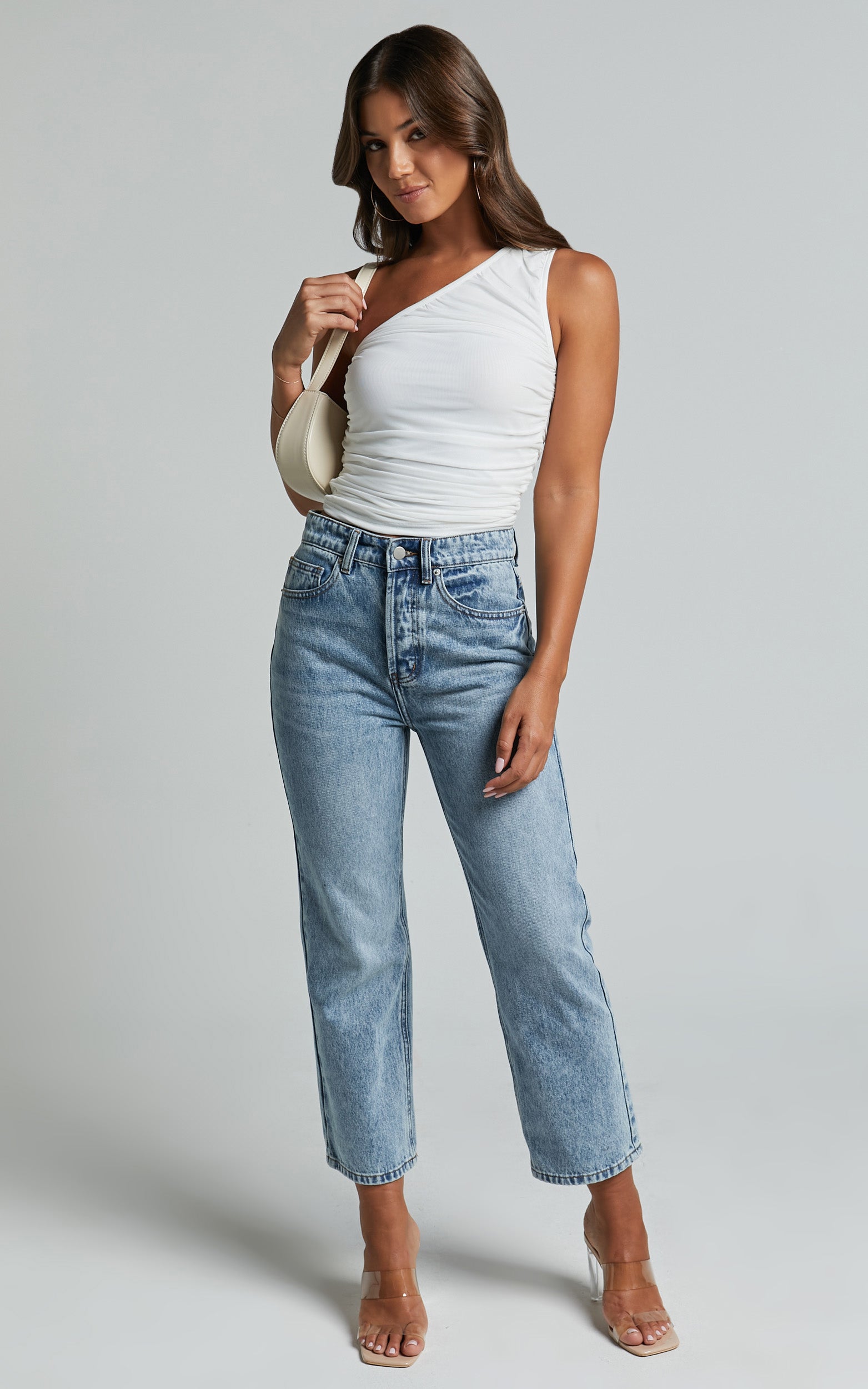 Giles Top - One Shoulder Ruched Mesh Top in White